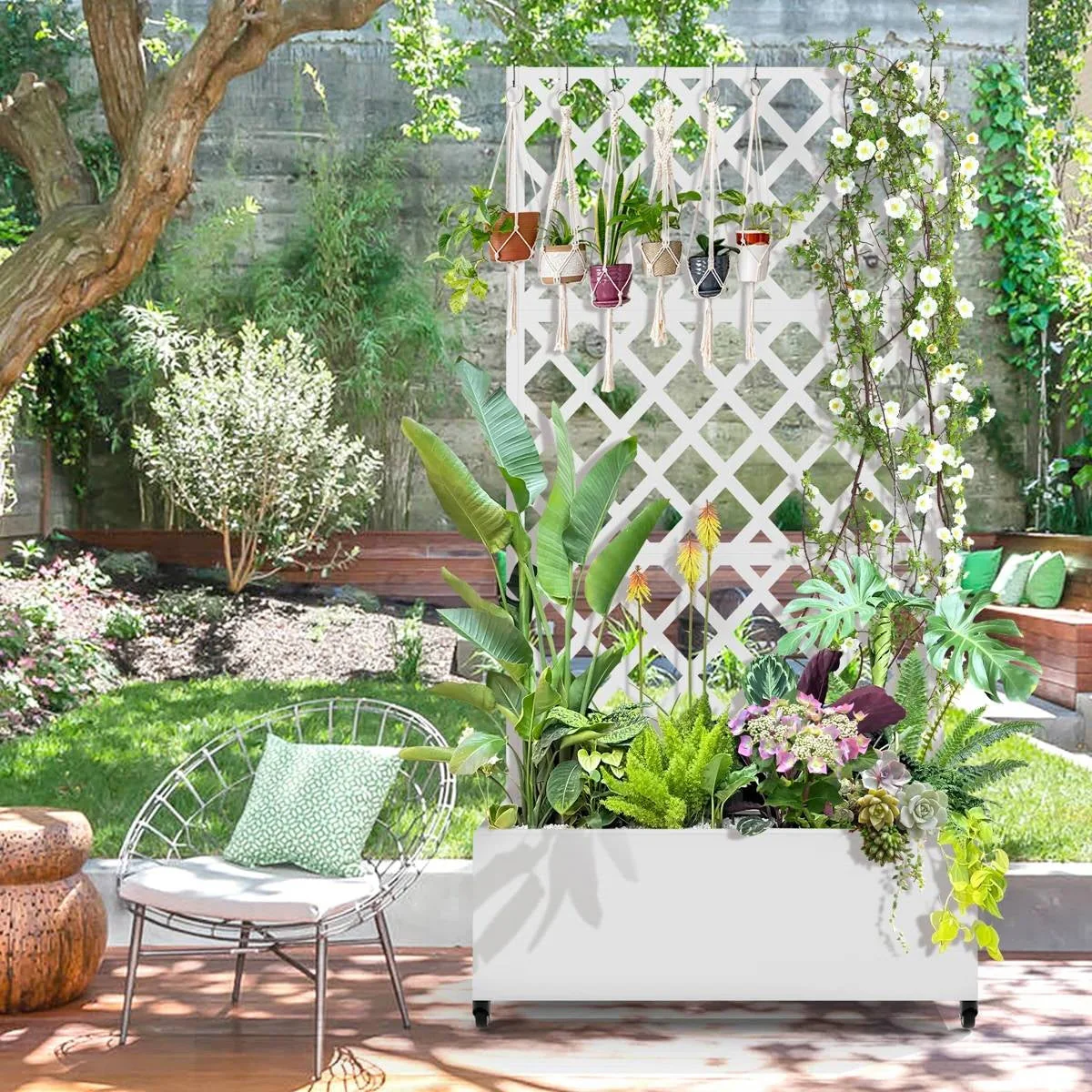 White Metal Outdoor Raised Garden Bed Planter Box with Trellis on Wheels - Image 3