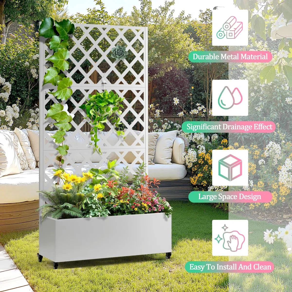 White Metal Outdoor Raised Garden Bed Planter Box with Trellis on Wheels - Image 4