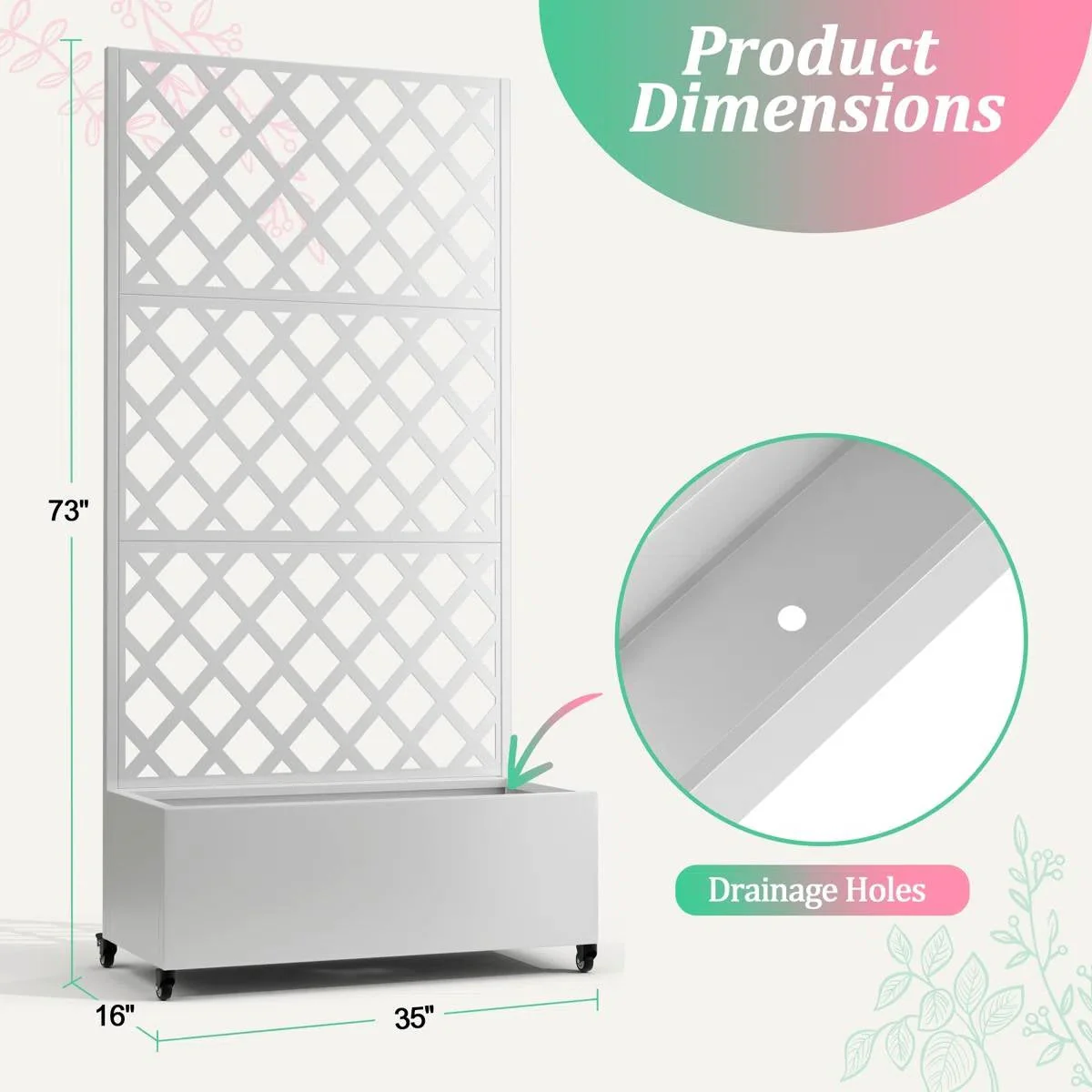 White Metal Outdoor Raised Garden Bed Planter Box with Trellis on Wheels - Image 5