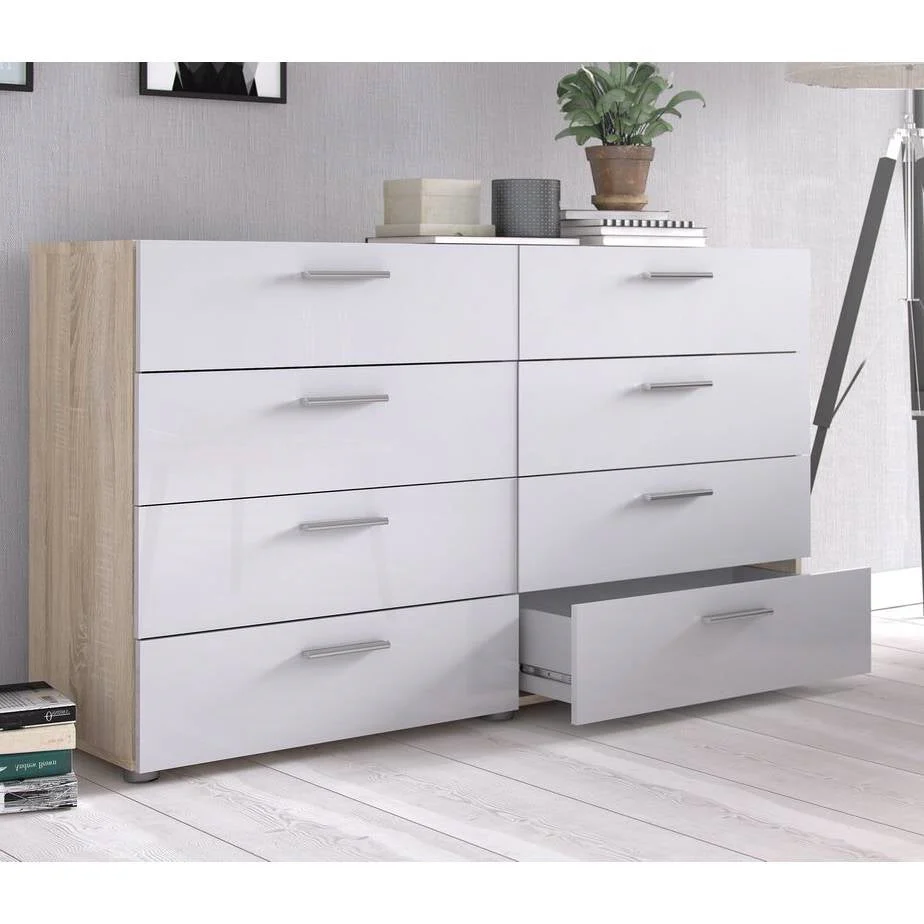 White Modern Bedroom 8-Drawer Double Dresser with Oak Finish Sides and Top - Image 2