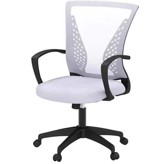 White Modern Mid-Back Office Desk Chair Ergonomic Mesh with Armrest on Wheels - Image 3