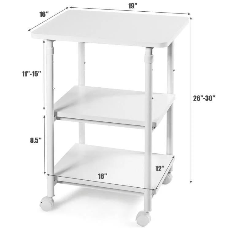White Multifunction Adjustable Height 3-tier Printer Stand on Wheels - Image 4