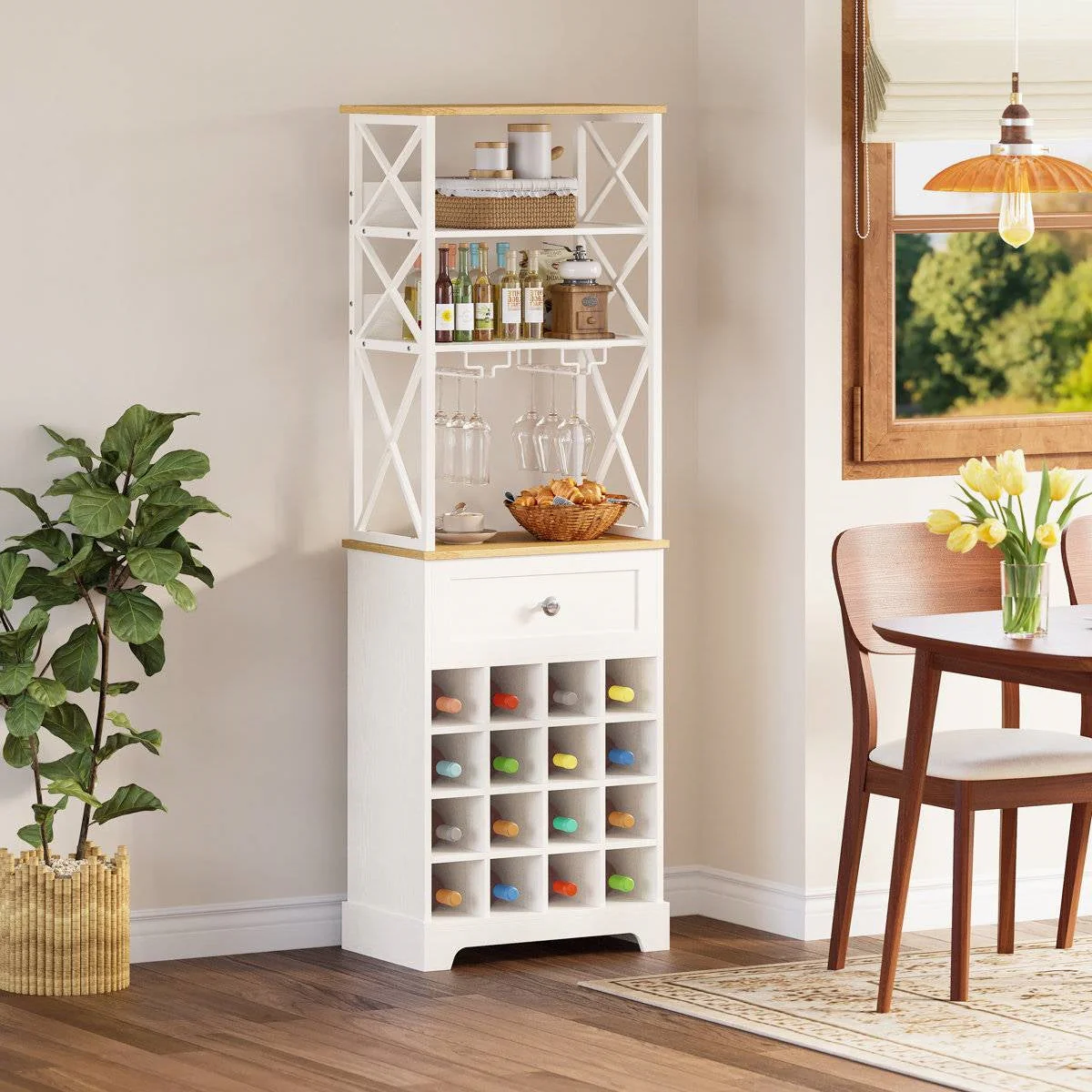 White/Natural Wine Bottle & Glass Rack Cabinet Bar Storage - Image 4