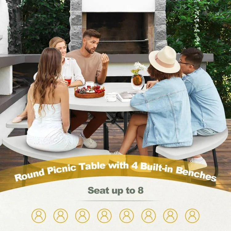 White Outdoor Metal and HDPE Picnic Table Bench Set with Umbrella Hole - Seats 8 - Image 2