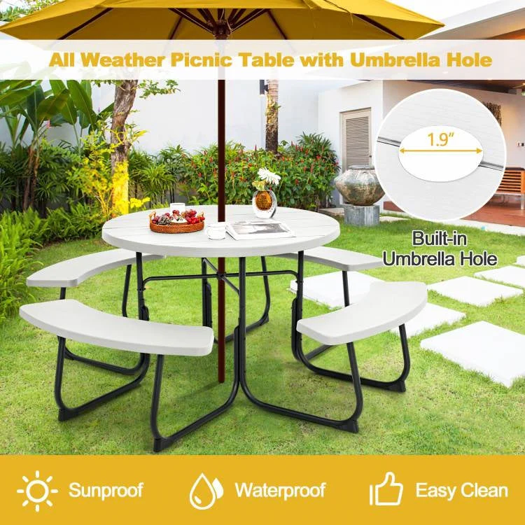 White Outdoor Metal and HDPE Picnic Table Bench Set with Umbrella Hole - Seats 8 - Image 3
