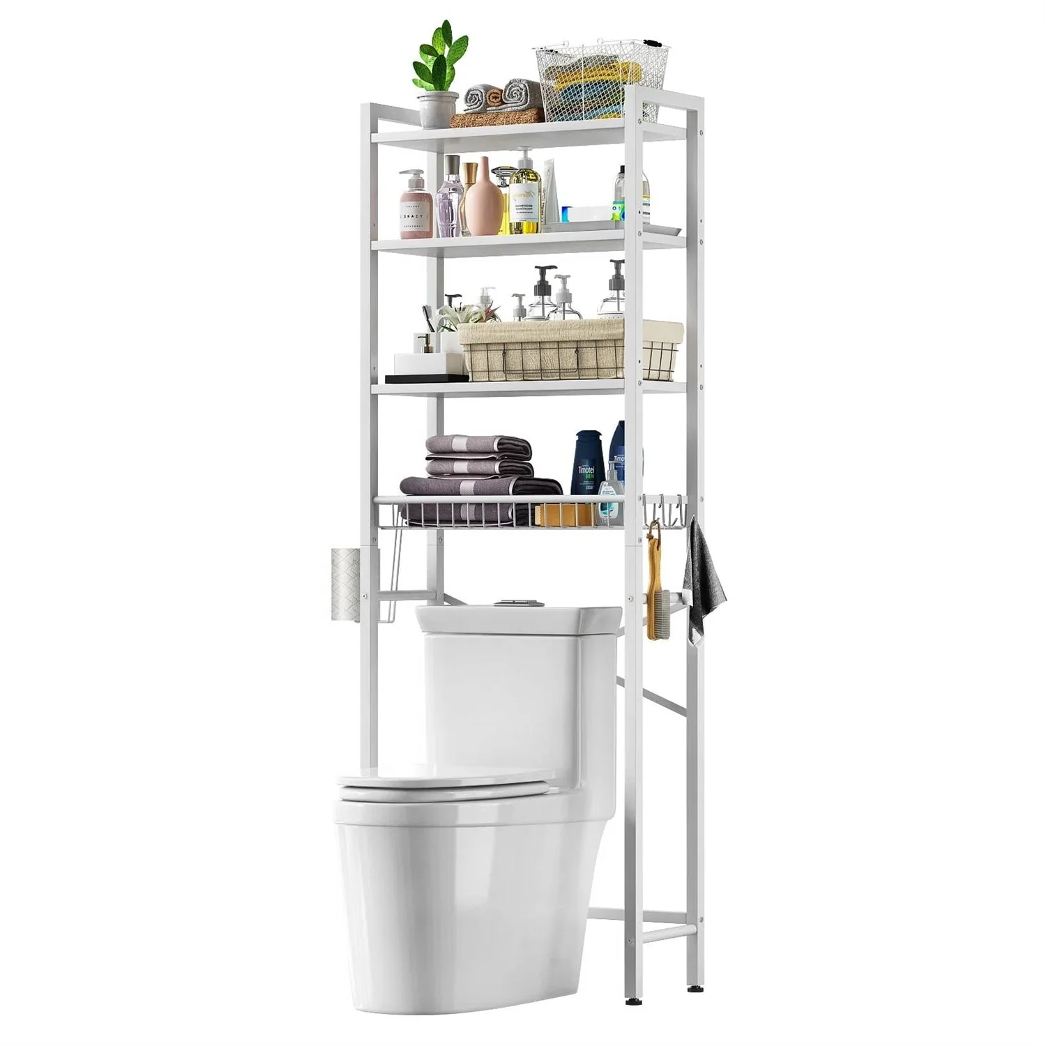 White Over the Toilet Storage Freestanding Industrial Metal Wood Shelving Unit - Image 2