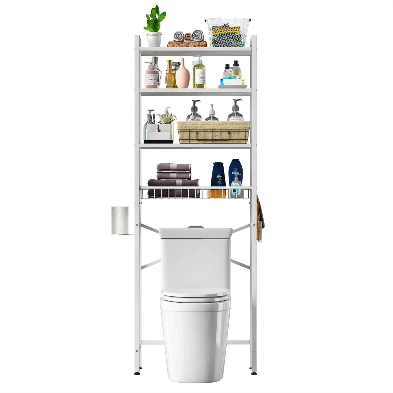 White Over the Toilet Storage Freestanding Industrial Metal Wood Shelving Unit - Image 3
