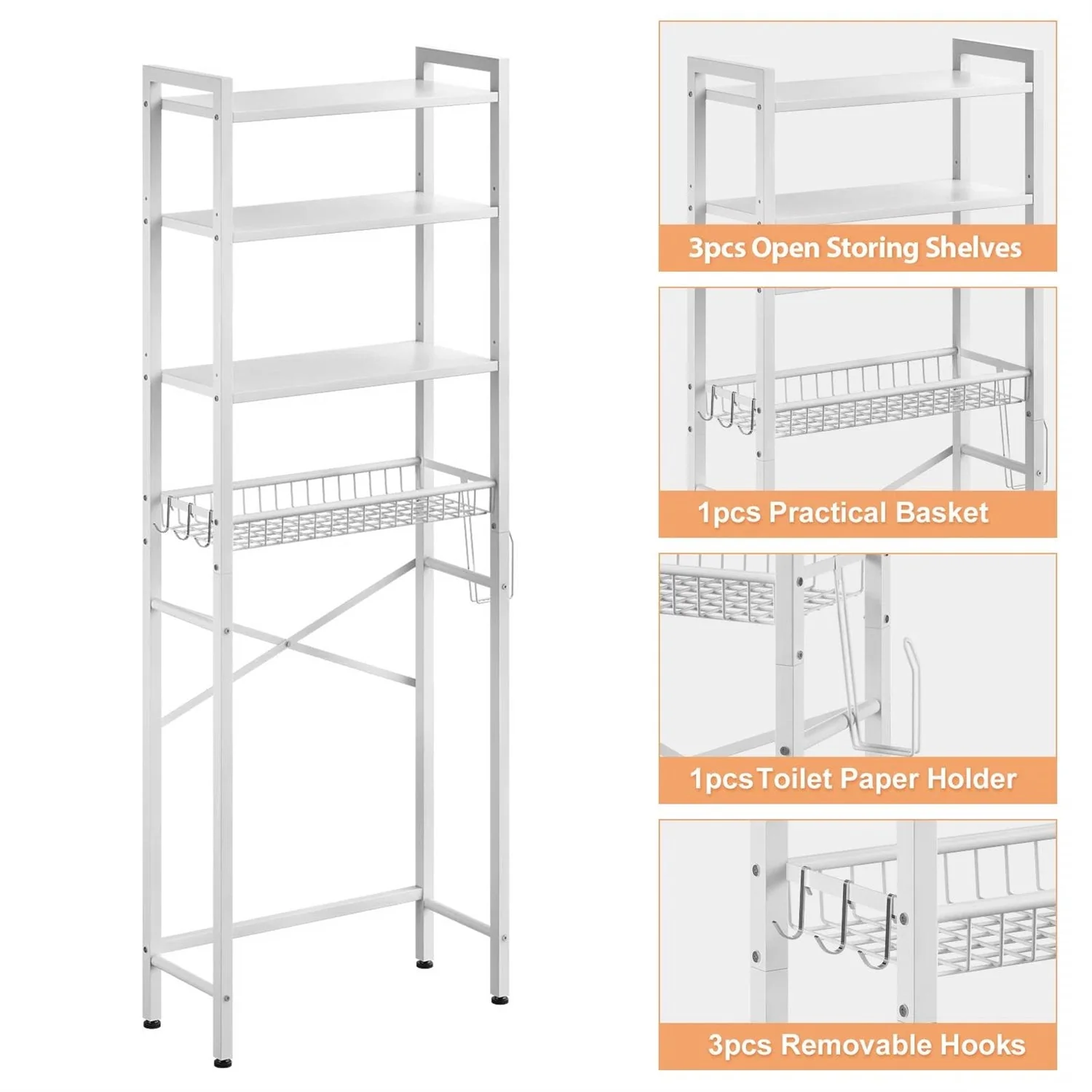 White Over the Toilet Storage Freestanding Industrial Metal Wood Shelving Unit - Image 4