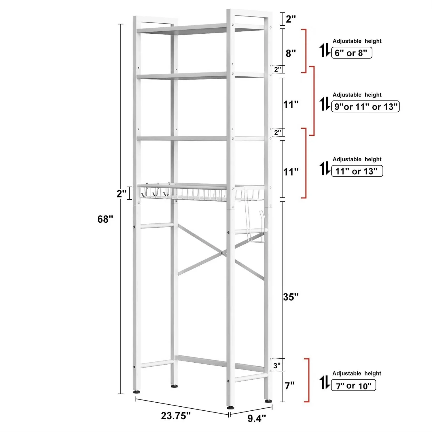 White Over the Toilet Storage Freestanding Industrial Metal Wood Shelving Unit - Image 5