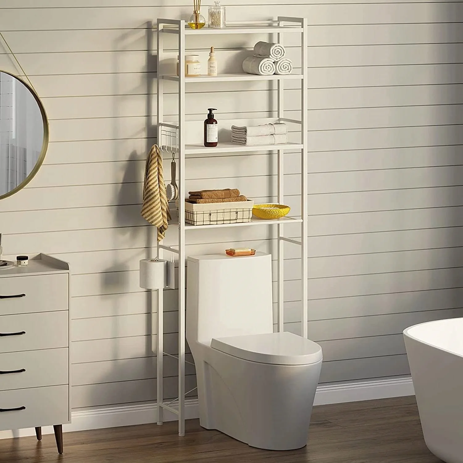 White Over the Toilet Storage Freestanding Modern Metal Wood Shelving Unit - Image 2