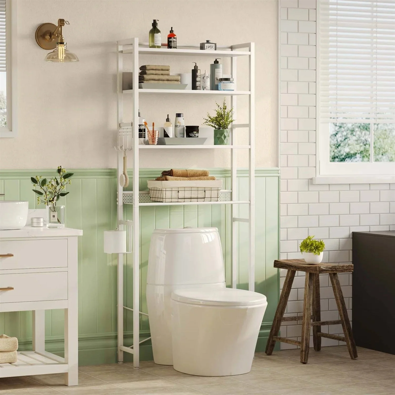 White Over the Toilet Storage Freestanding Modern Metal Wood Shelving Unit - Image 3