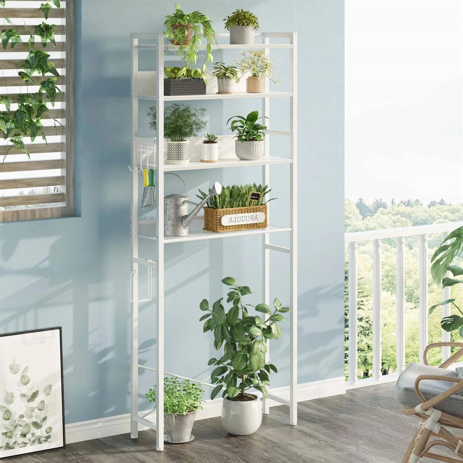 White Over the Toilet Storage Freestanding Modern Metal Wood Shelving Unit - Image 4