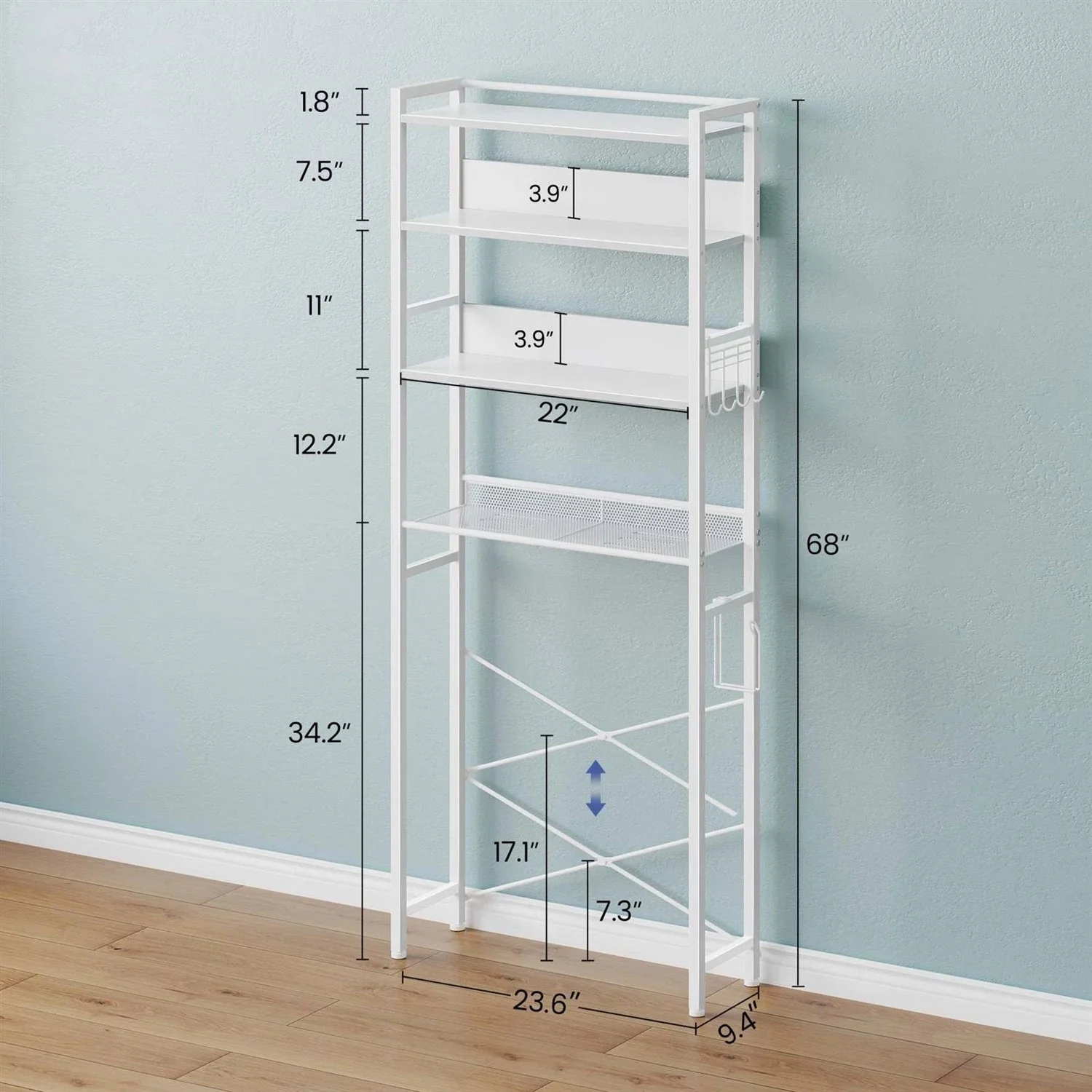White Over the Toilet Storage Freestanding Modern Metal Wood Shelving Unit - Image 5