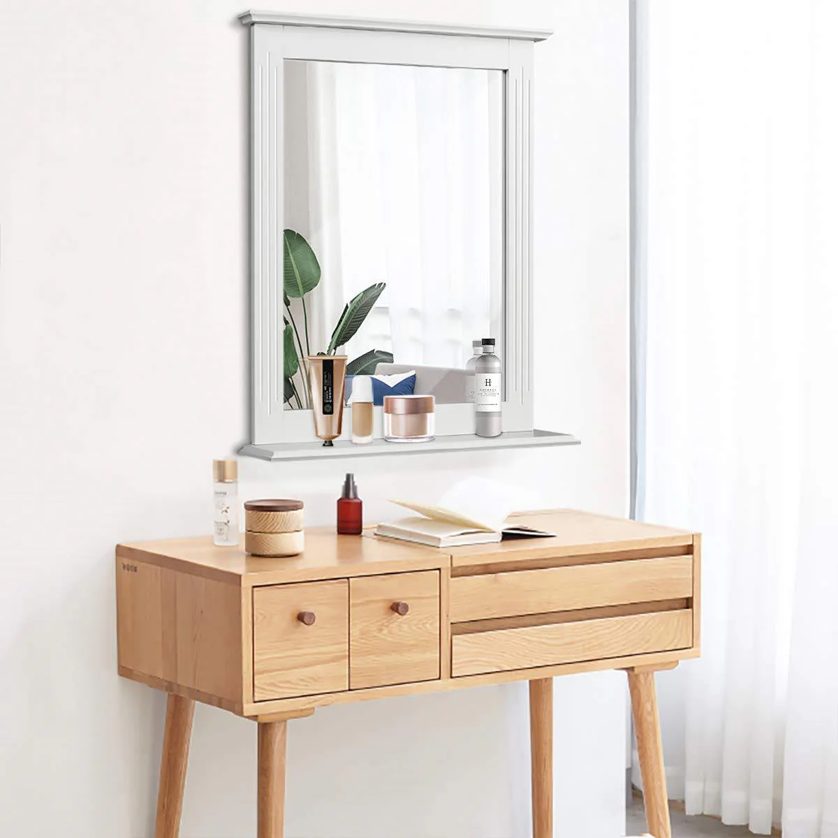 White Rectangle Bedroom Bathroom Vanity Wall Mirror with Bottom Shelf - Image 3