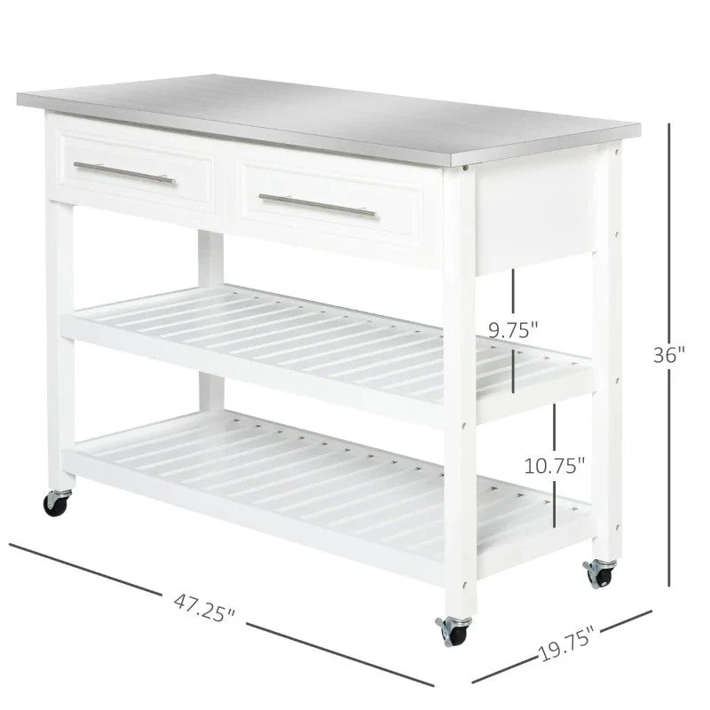 White Rolling Kitchen Island 2 Drawers Storage with Stainless Steel Top - Image 5