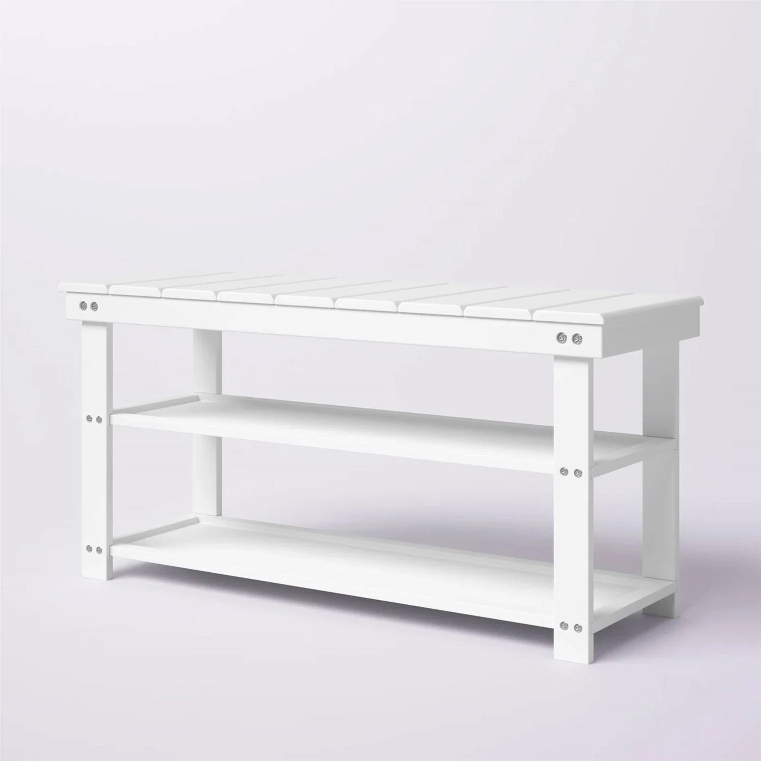White Slatted Wood 2-Shelf Shoe Rack Storage Bench For Entryway or Closet - Image 2