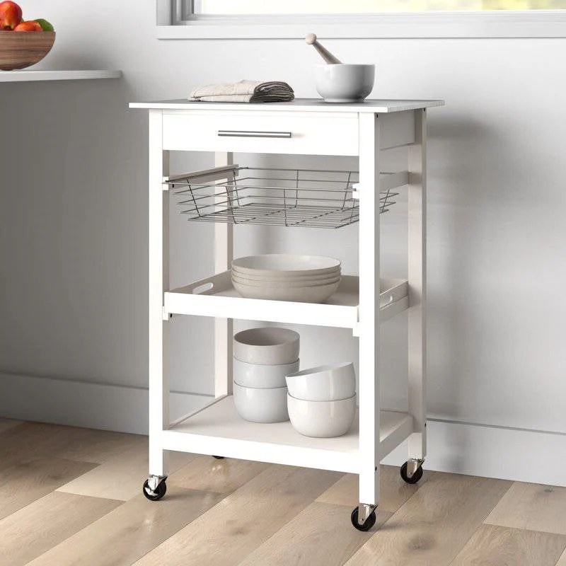 White Stainless Steel Top Kitchen Cart with Drawer and Storage Shelves - Image 2