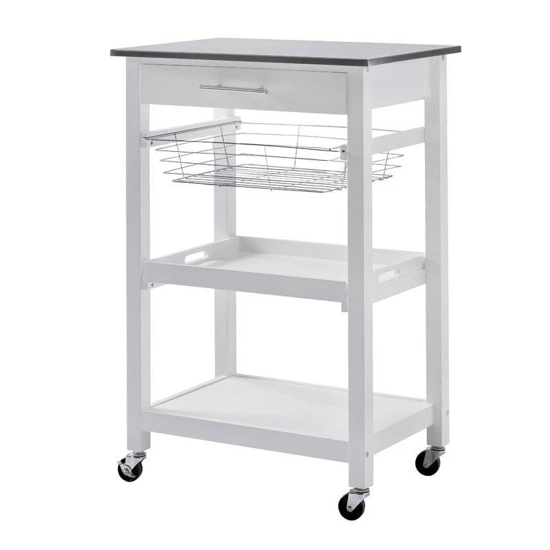 White Stainless Steel Top Kitchen Cart with Drawer and Storage Shelves - Image 3