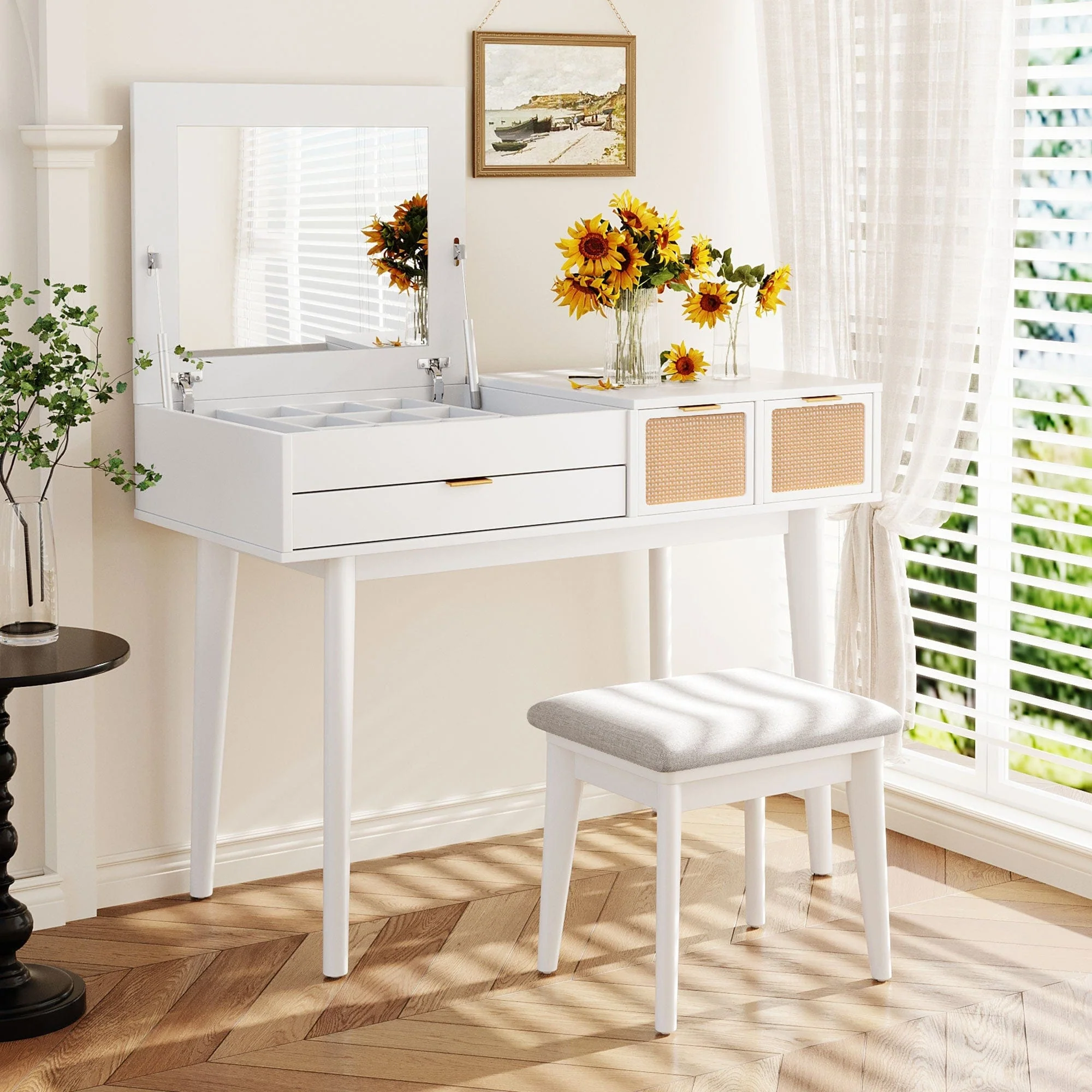 White Vanity Table Set – Hidden Mirror, Storage Drawers, and Stool