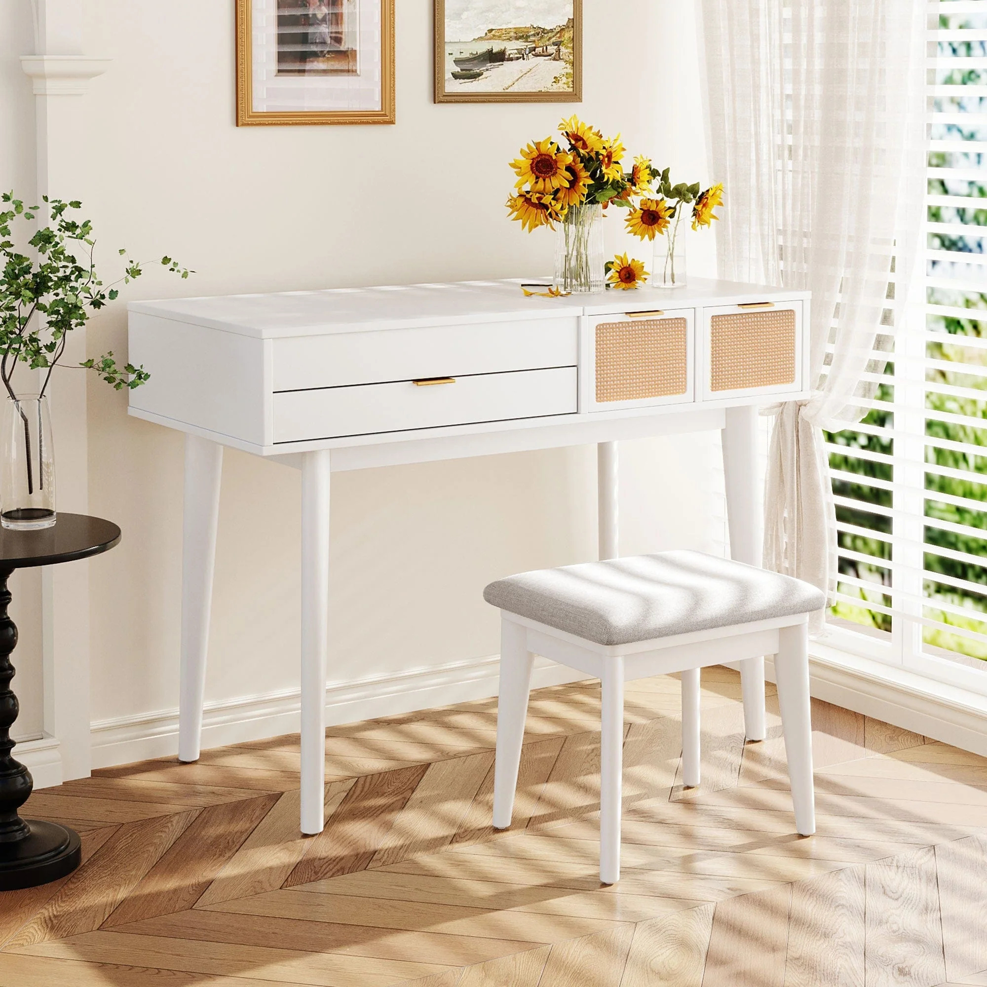 White Vanity Table Set – Hidden Mirror, Storage Drawers, and Stool - Image 2