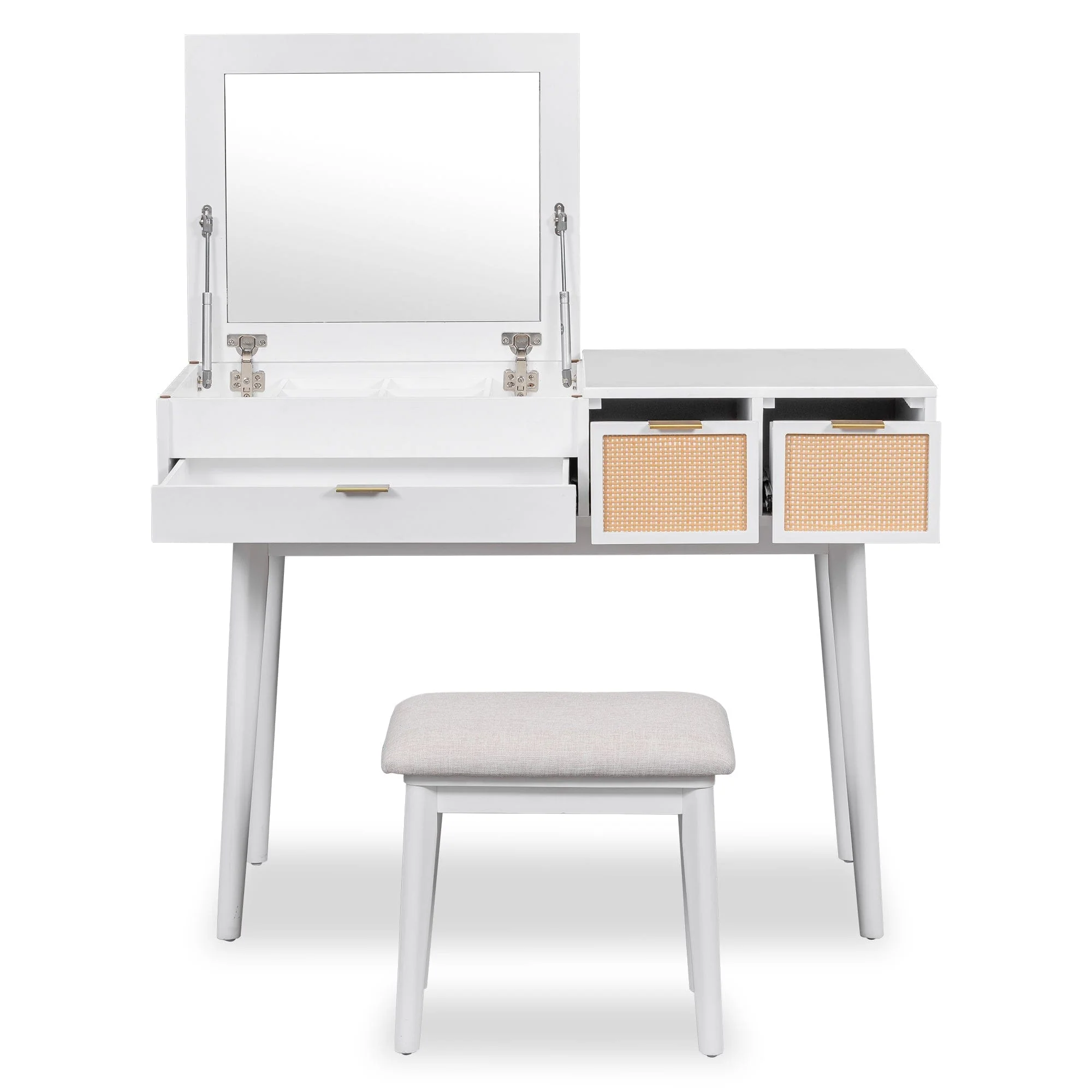White Vanity Table Set – Hidden Mirror, Storage Drawers, and Stool - Image 3