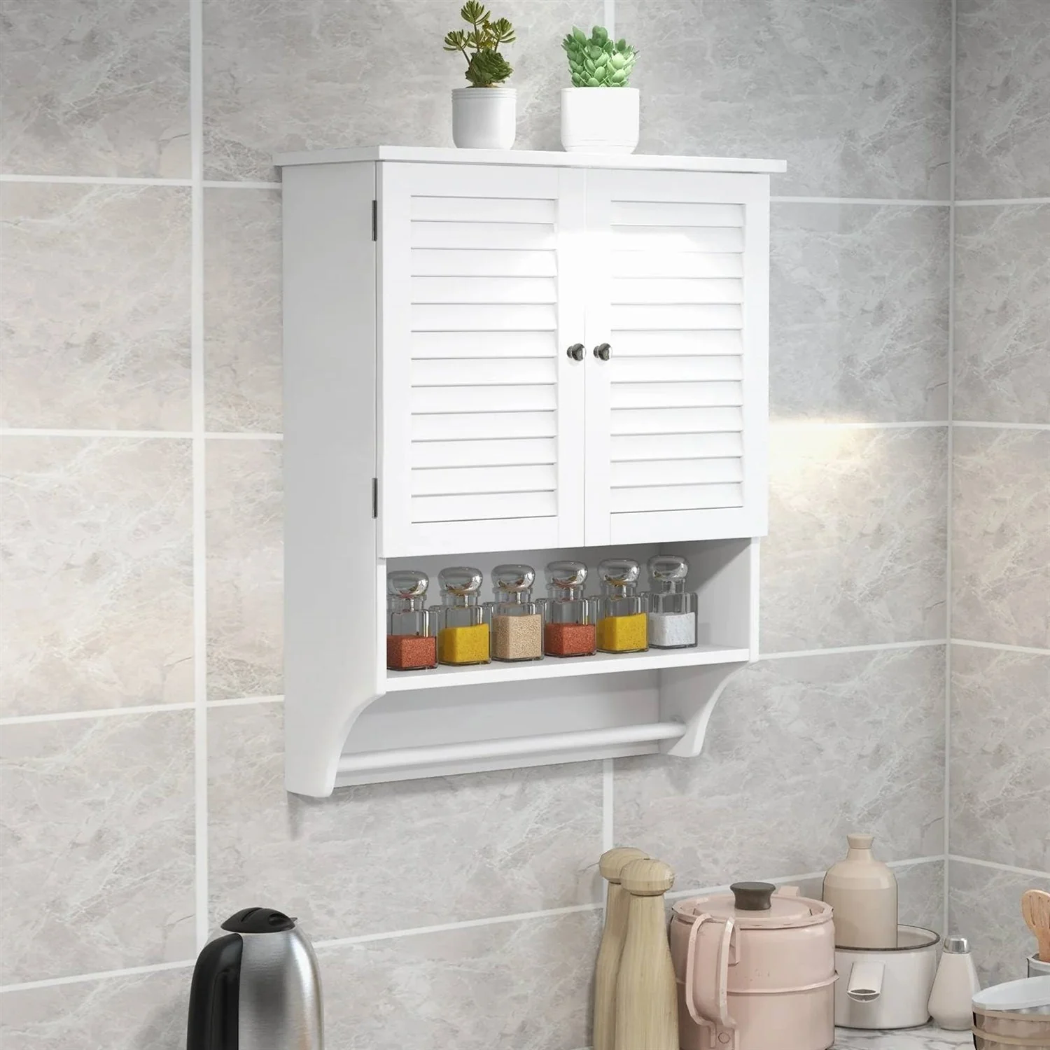 White Wall-Mounted Bathroom Storage Medicine Cabinet with Louver Doors - Image 3