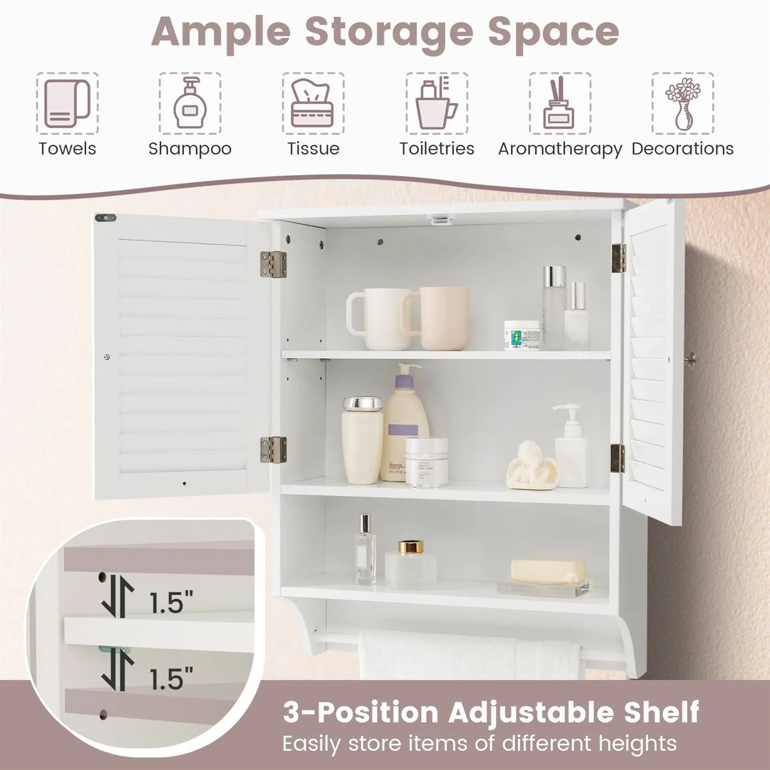 White Wall-Mounted Bathroom Storage Medicine Cabinet with Louver Doors - Image 4