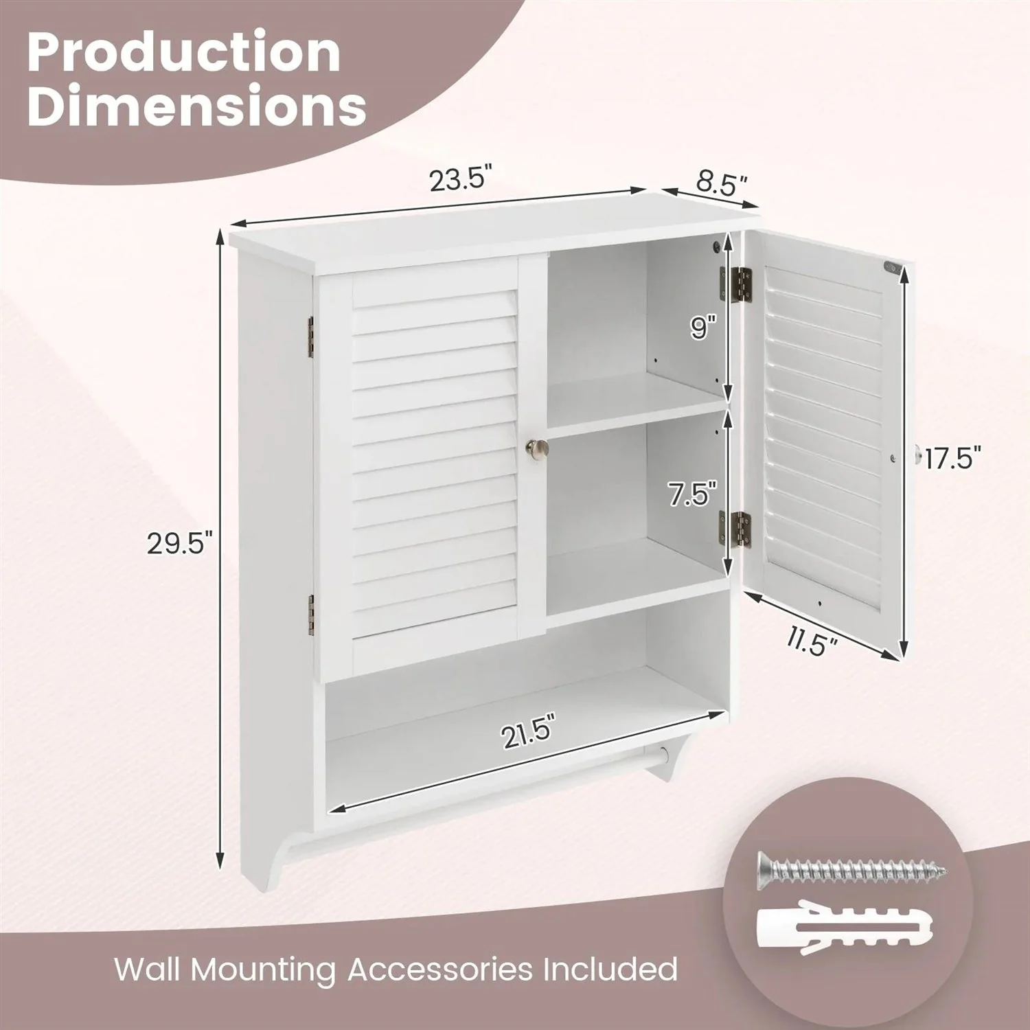 White Wall-Mounted Bathroom Storage Medicine Cabinet with Louver Doors - Image 5