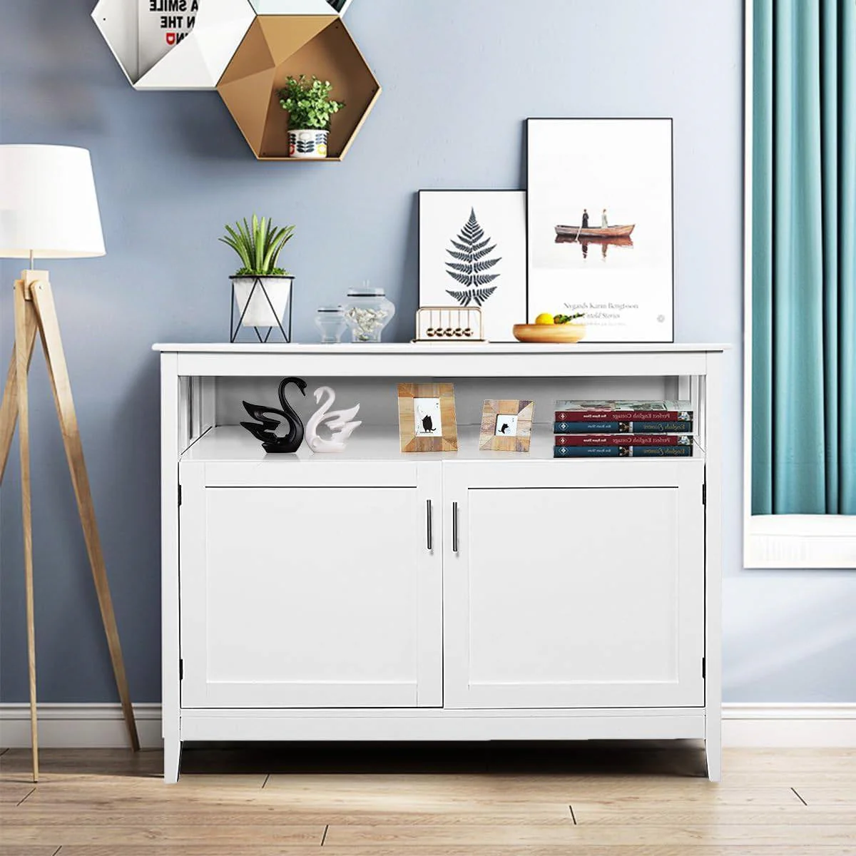 White Wood 2-Door Dining Buffet Sideboard Cabinet with Open Storage Shelf - Image 2