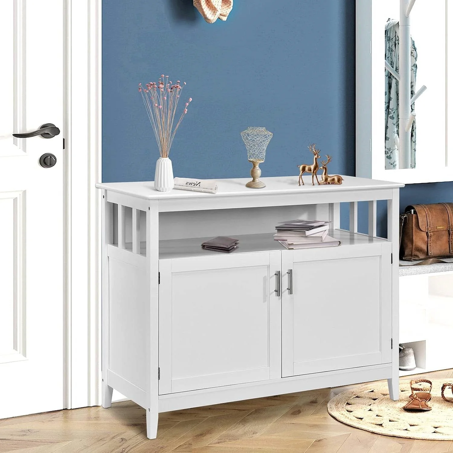 White Wood 2-Door Dining Buffet Sideboard Cabinet with Open Storage Shelf - Image 3