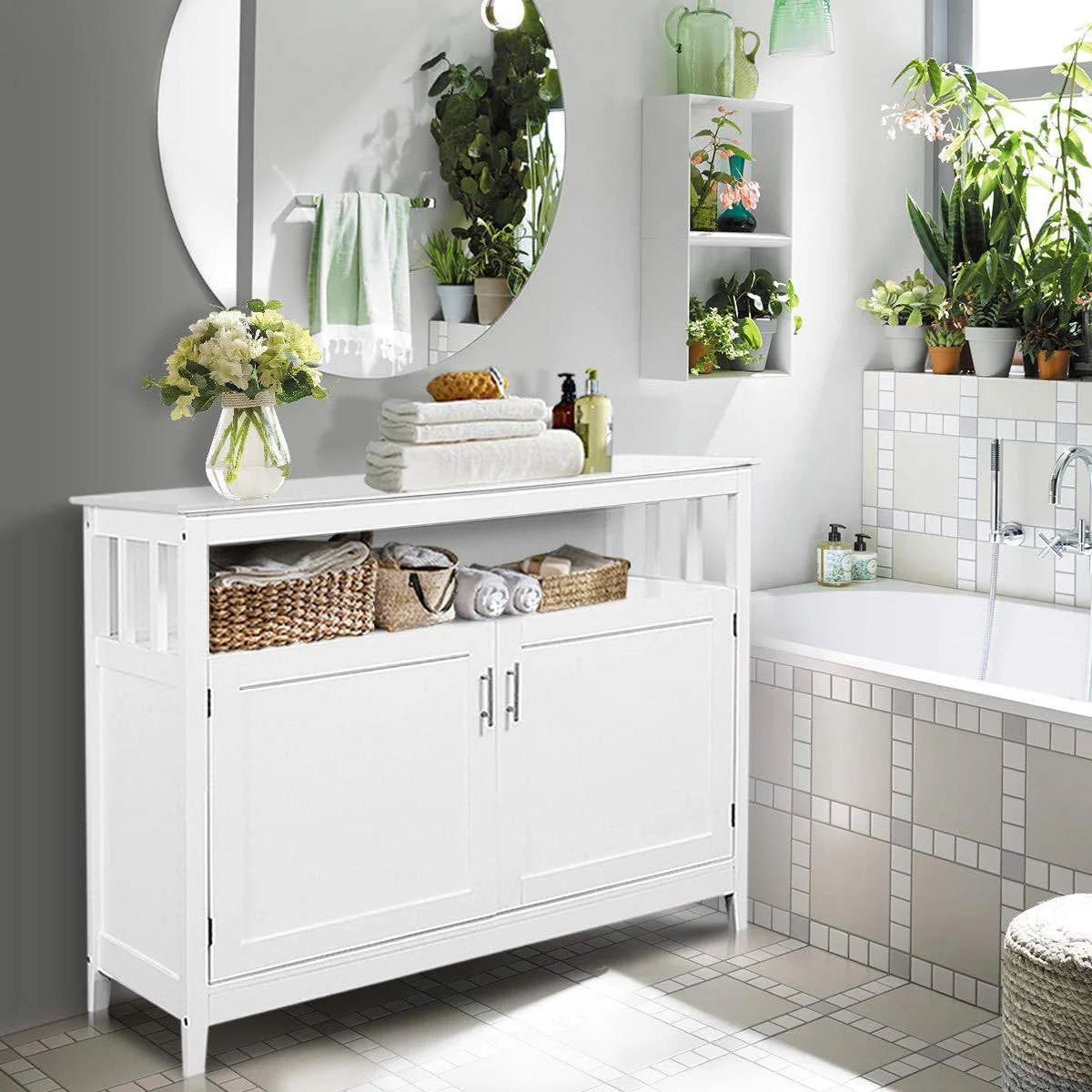 White Wood 2-Door Dining Buffet Sideboard Cabinet with Open Storage Shelf - Image 4