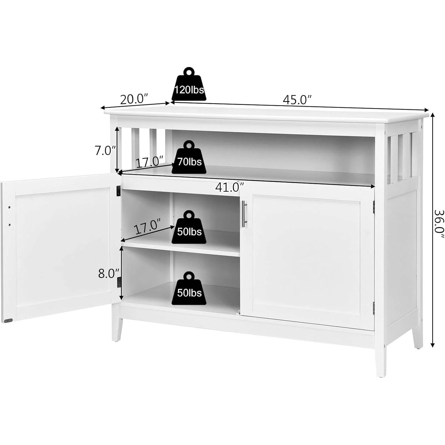 White Wood 2-Door Dining Buffet Sideboard Cabinet with Open Storage Shelf - Image 5