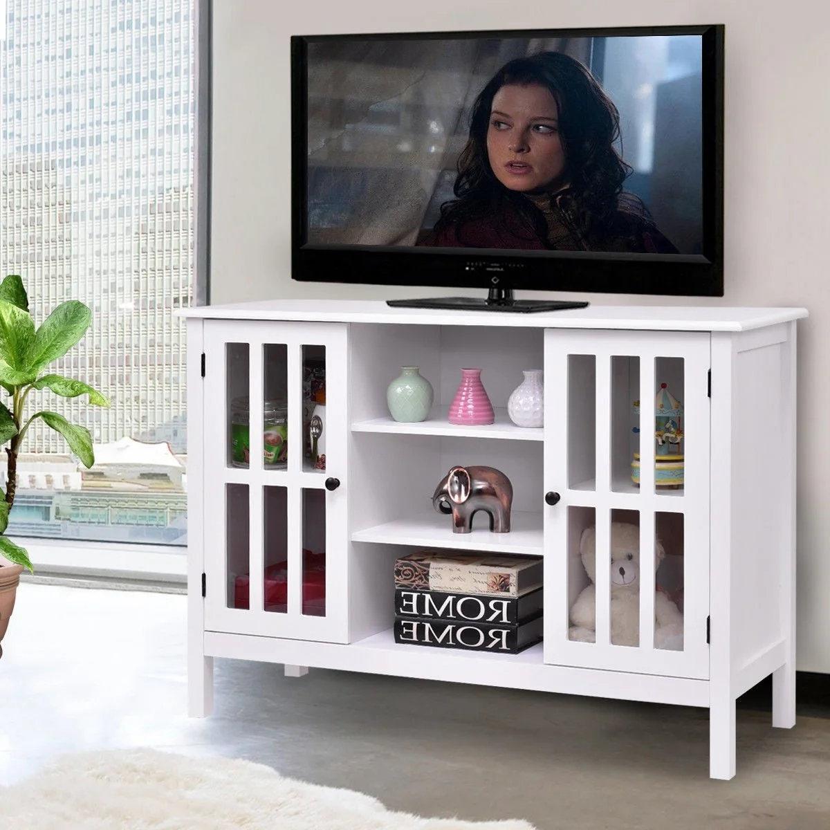 White Wood 43-inch TV Stand with Glass Panel Doors - Image 5