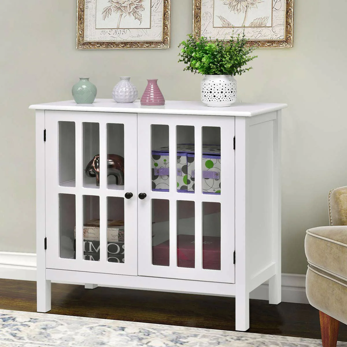 White Wood Bathroom Storage Floor Cabinet with Glass Doors - Image 2