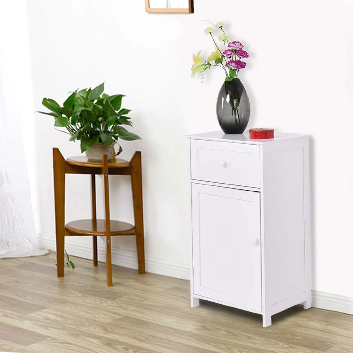 White Wood Bathroom Storage Floor Cabinet with Water Resistant Finish - Image 2