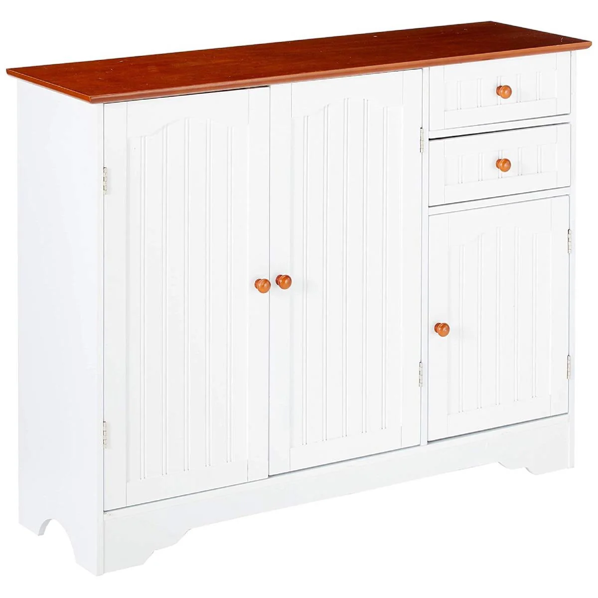White Wood Sideboard Buffet Cabinet with Walnut Finish Top and Knobs - Image 2
