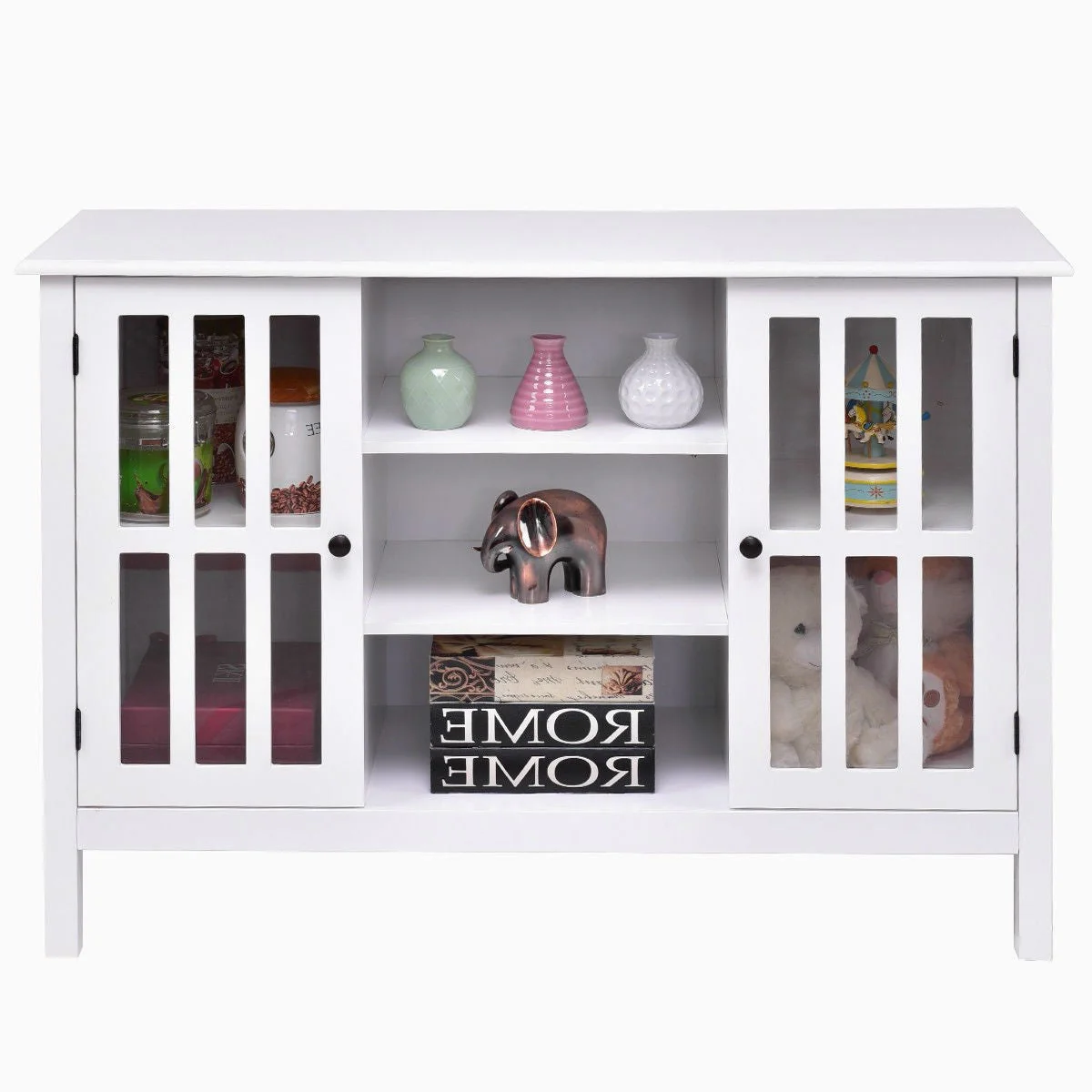 White Wood Sofa Table Console Cabinet with Tempered Glass Panel Doors - Image 2