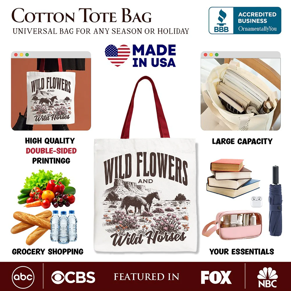Wild Flowers and Wild Horses Canvas Tote Bag, Retro Western Gift for Free-Spirited Women - Image 2