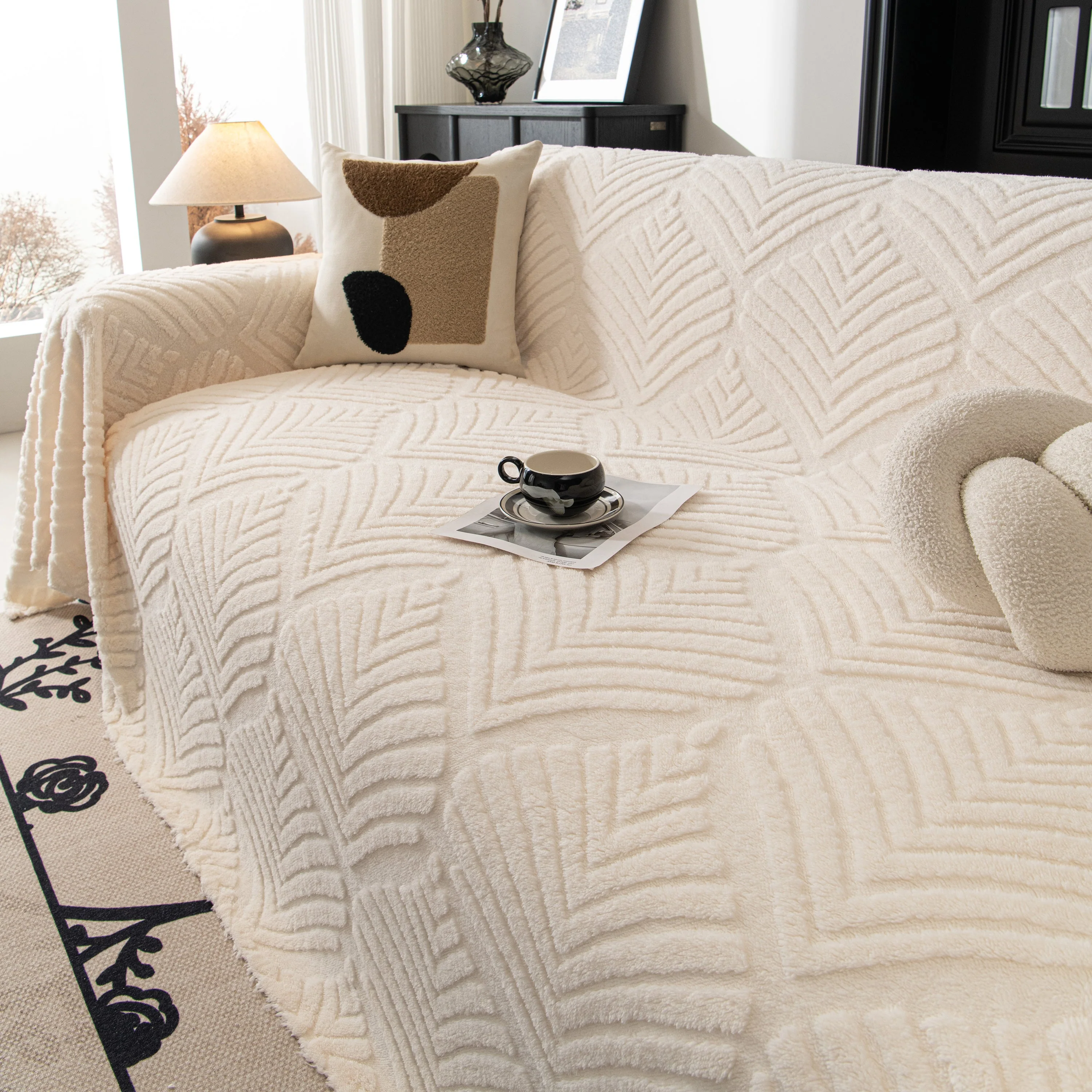 Winter Soft Plush Fleece Sofa Blanket Leaves Jacquard Couch Covers for Couches - Image 12