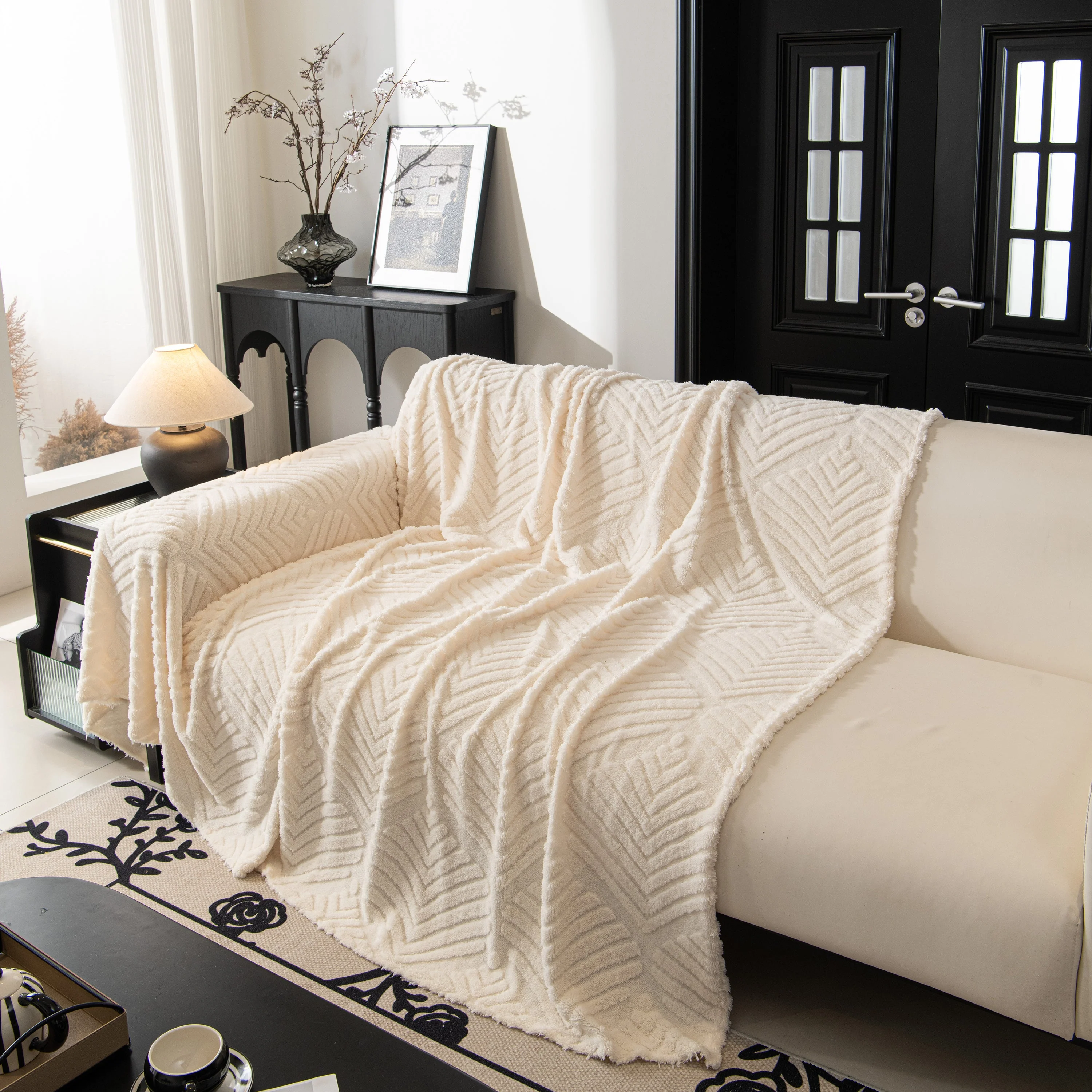 Winter Soft Plush Fleece Sofa Blanket Leaves Jacquard Couch Covers for Couches - Image 3