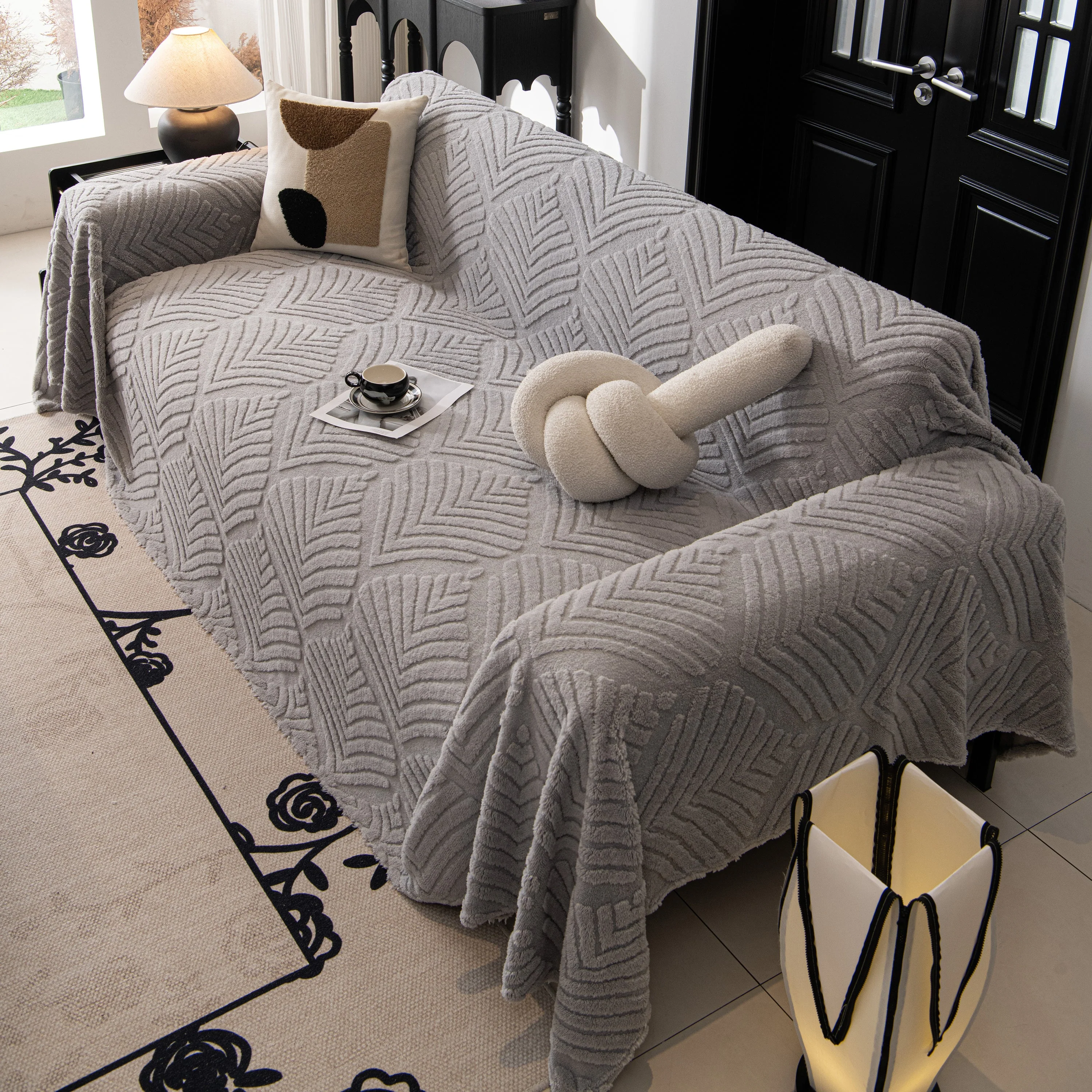 Winter Soft Plush Fleece Sofa Blanket Leaves Jacquard Couch Covers for Couches - Image 87