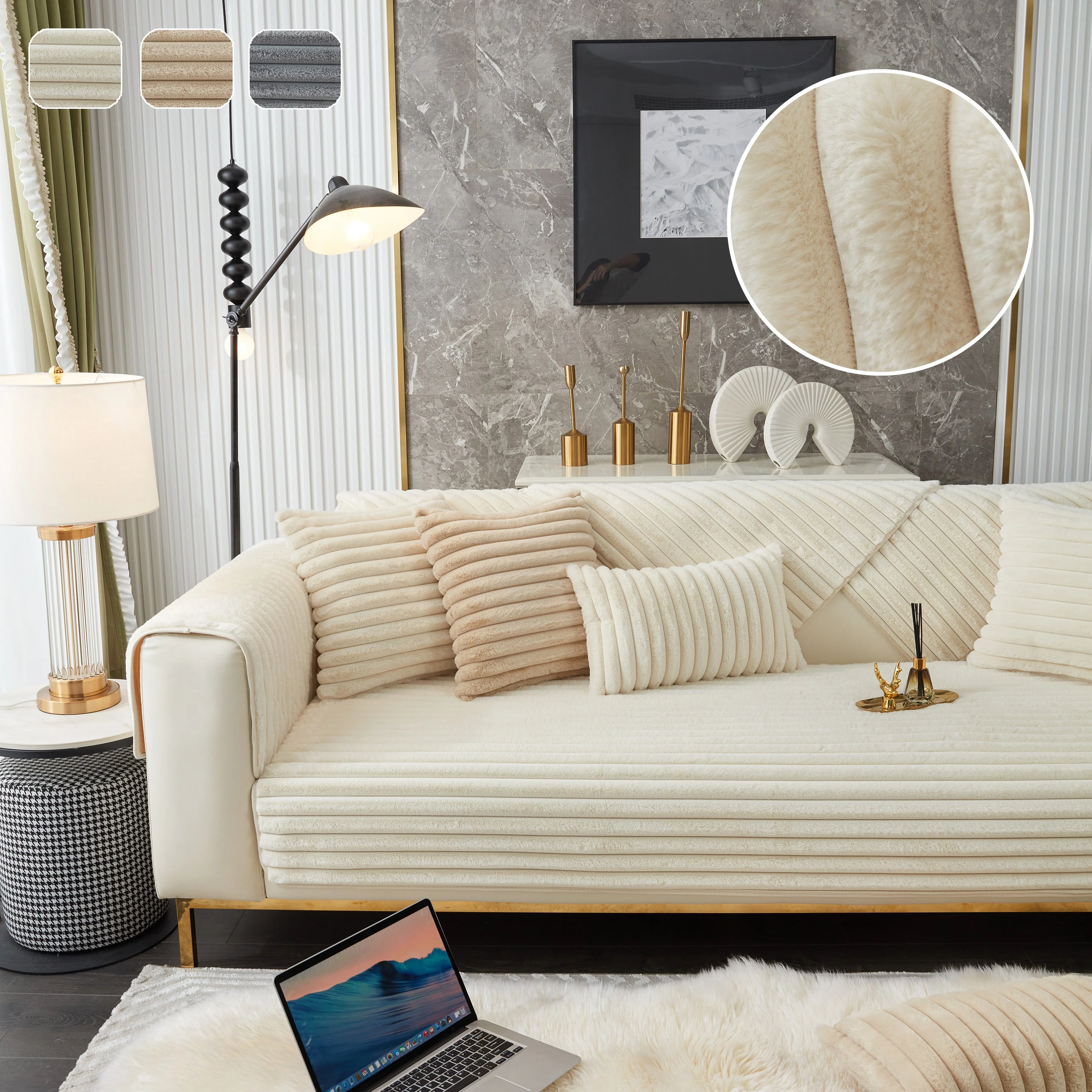 Winter Thickened Rabbit Plush Non-slip Sofa Cushion, Faux Fur Fluffy Furniture Protector - Image 2