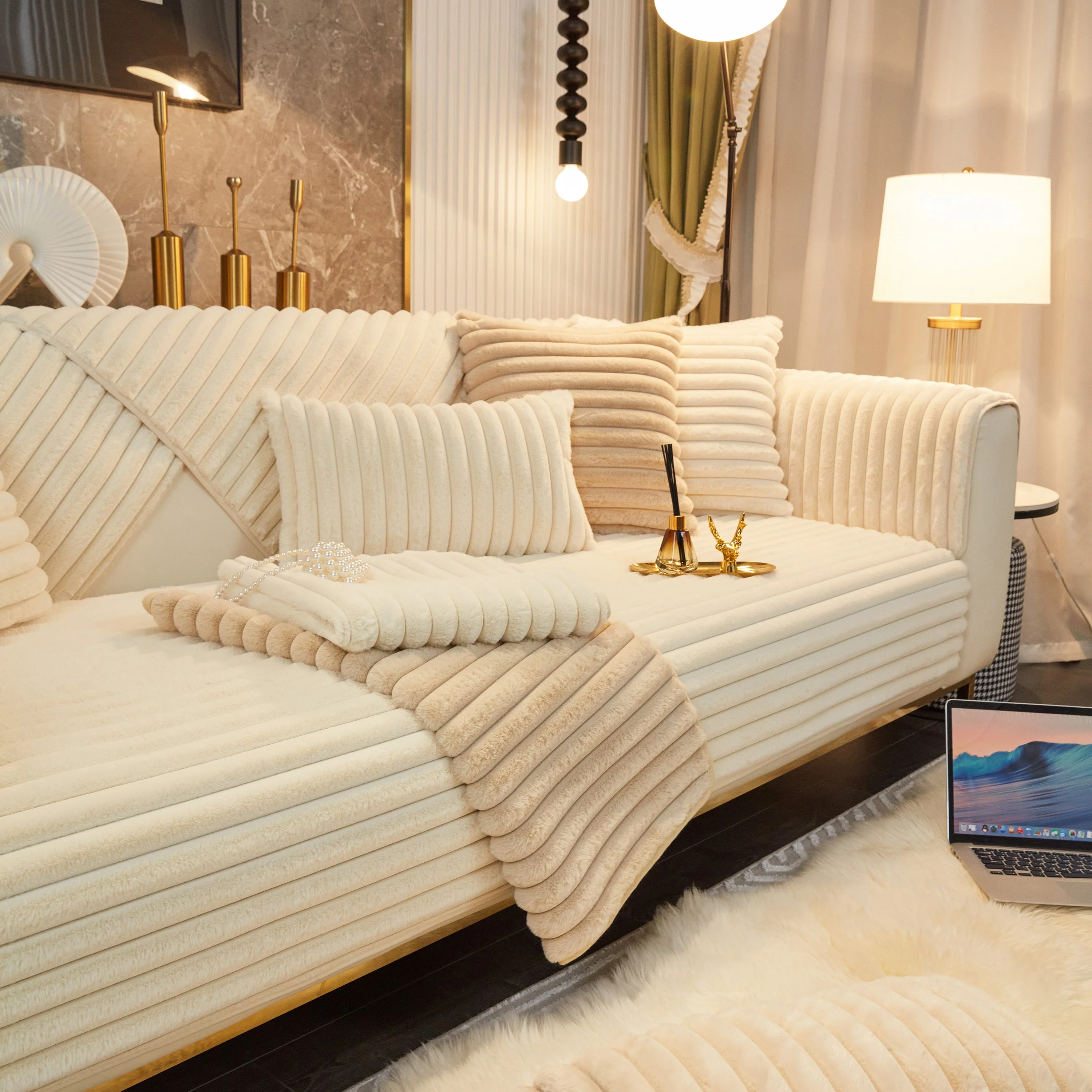 Winter Thickened Rabbit Plush Non-slip Sofa Cushion, Faux Fur Fluffy Furniture Protector - Image 20