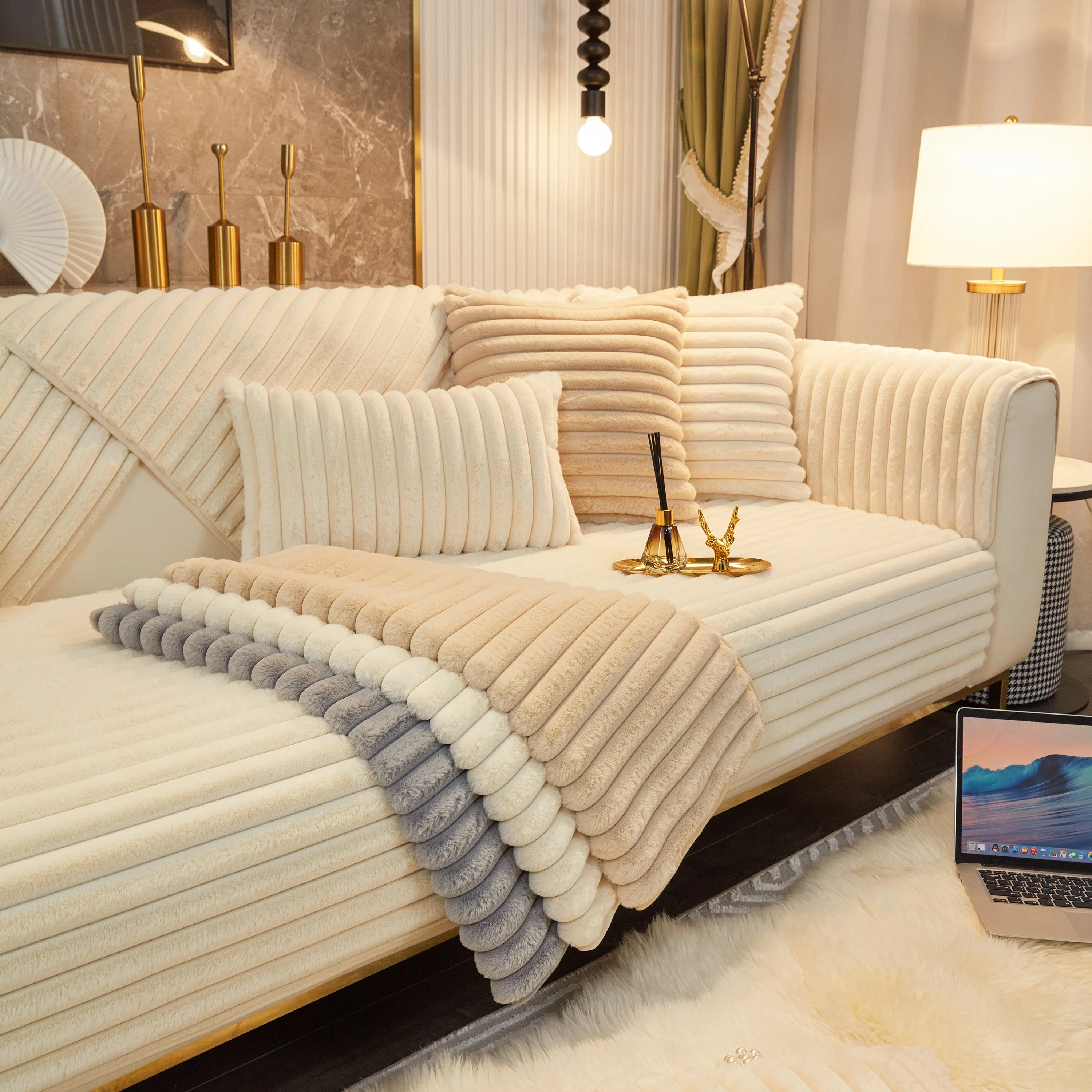 Winter Thickened Rabbit Plush Non-slip Sofa Cushion, Faux Fur Fluffy Furniture Protector - Image 21