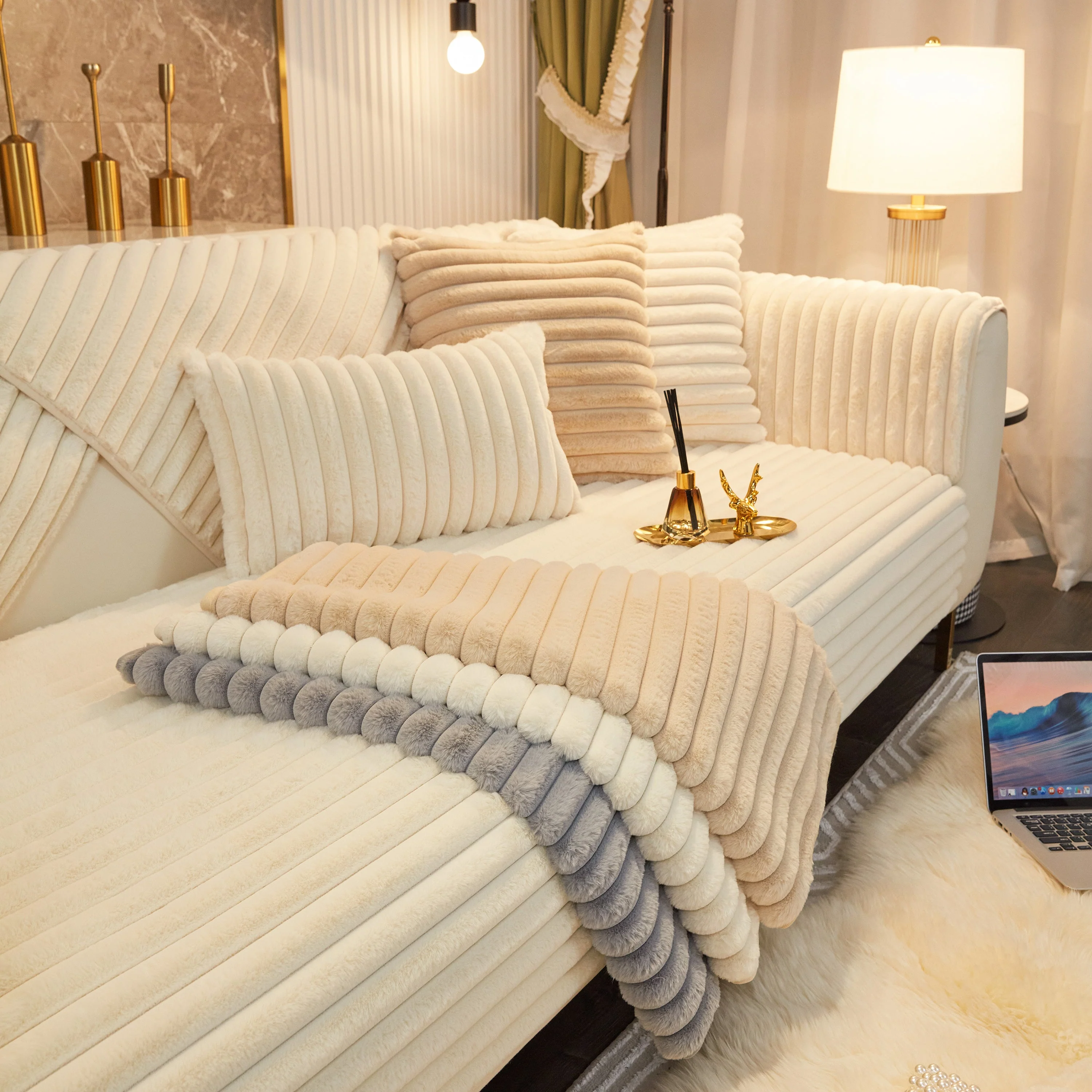 Winter Thickened Rabbit Plush Non-slip Sofa Cushion, Faux Fur Fluffy Furniture Protector - Image 22