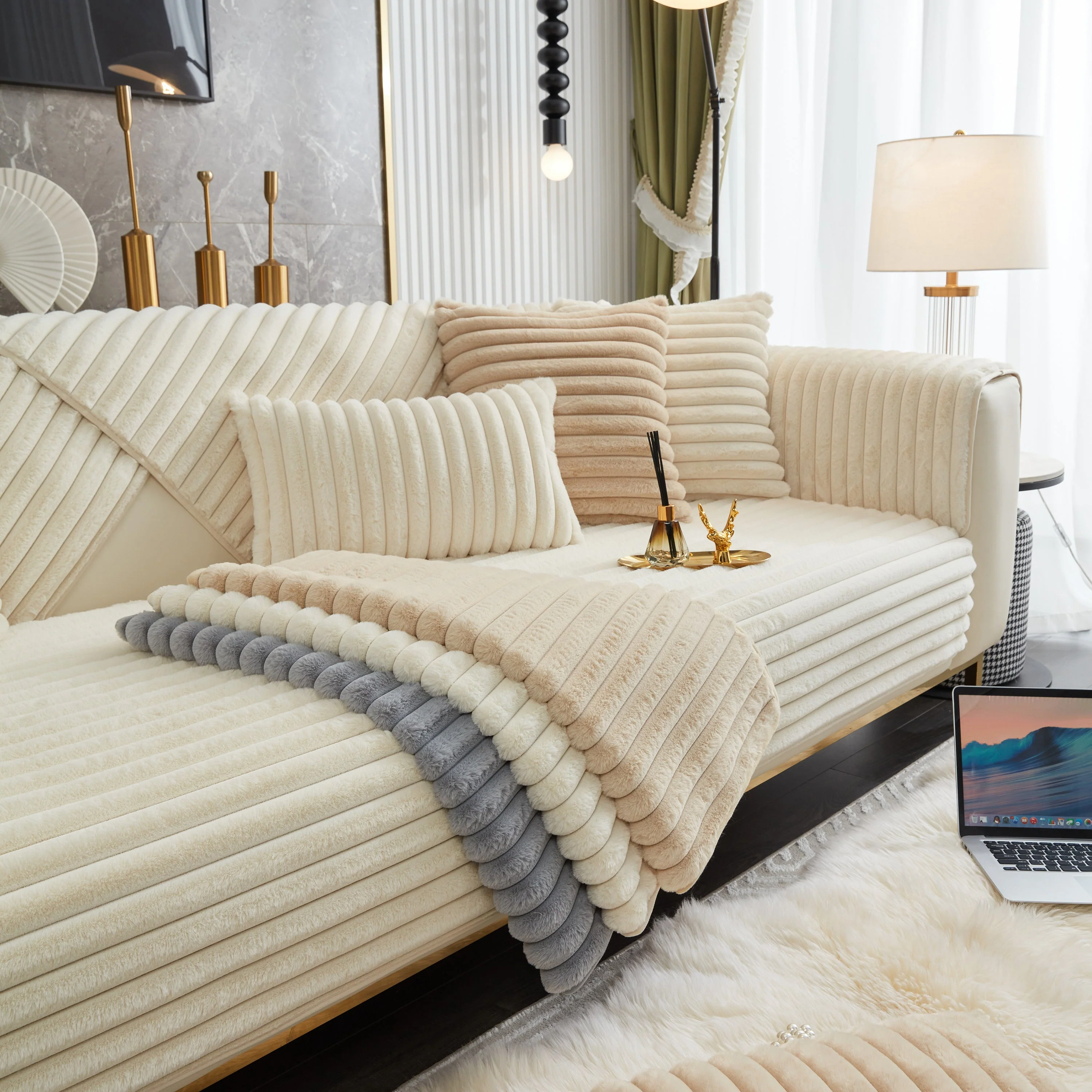 Winter Thickened Rabbit Plush Non-slip Sofa Cushion, Faux Fur Fluffy Furniture Protector - Image 23