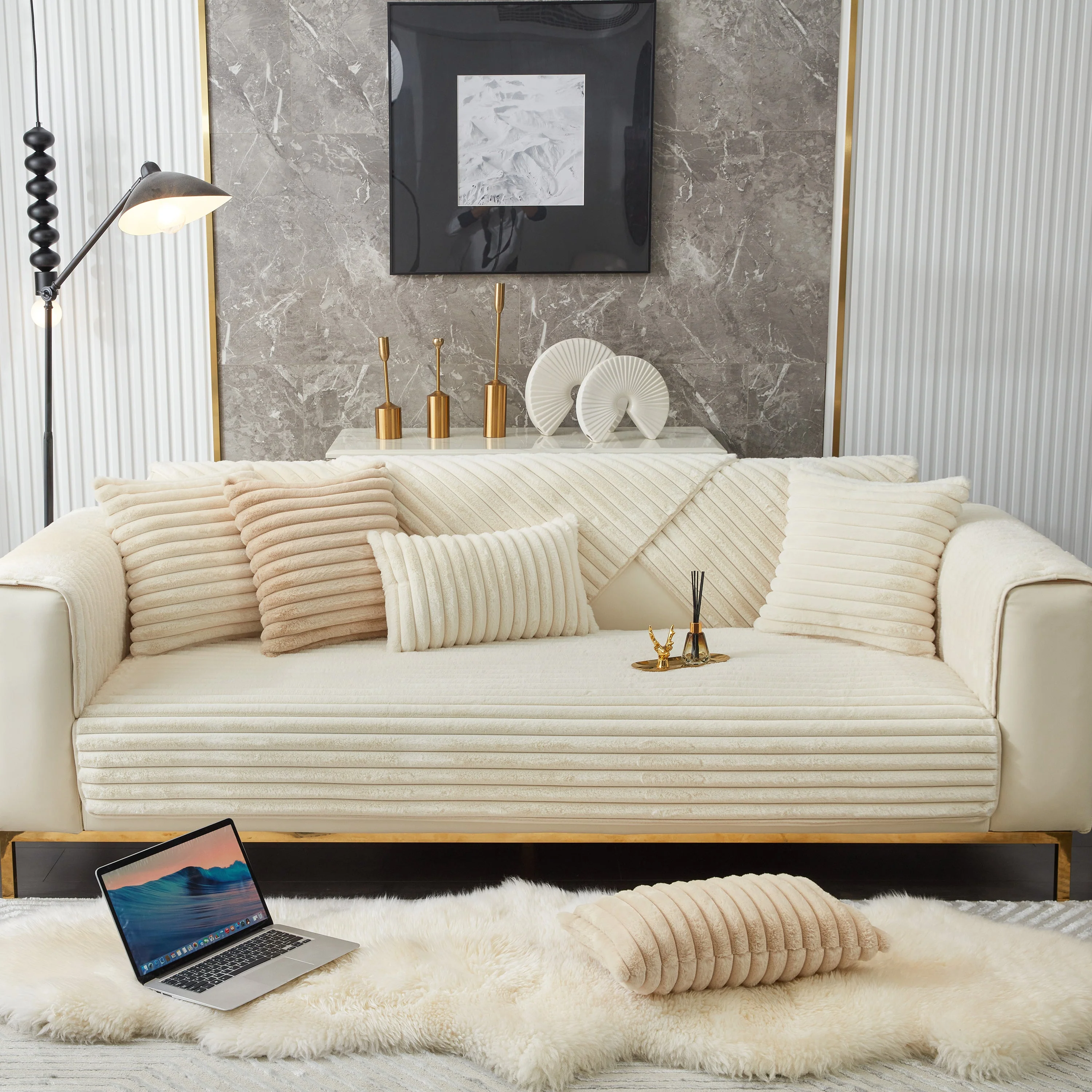 Winter Thickened Rabbit Plush Non-slip Sofa Cushion, Faux Fur Fluffy Furniture Protector - Image 3