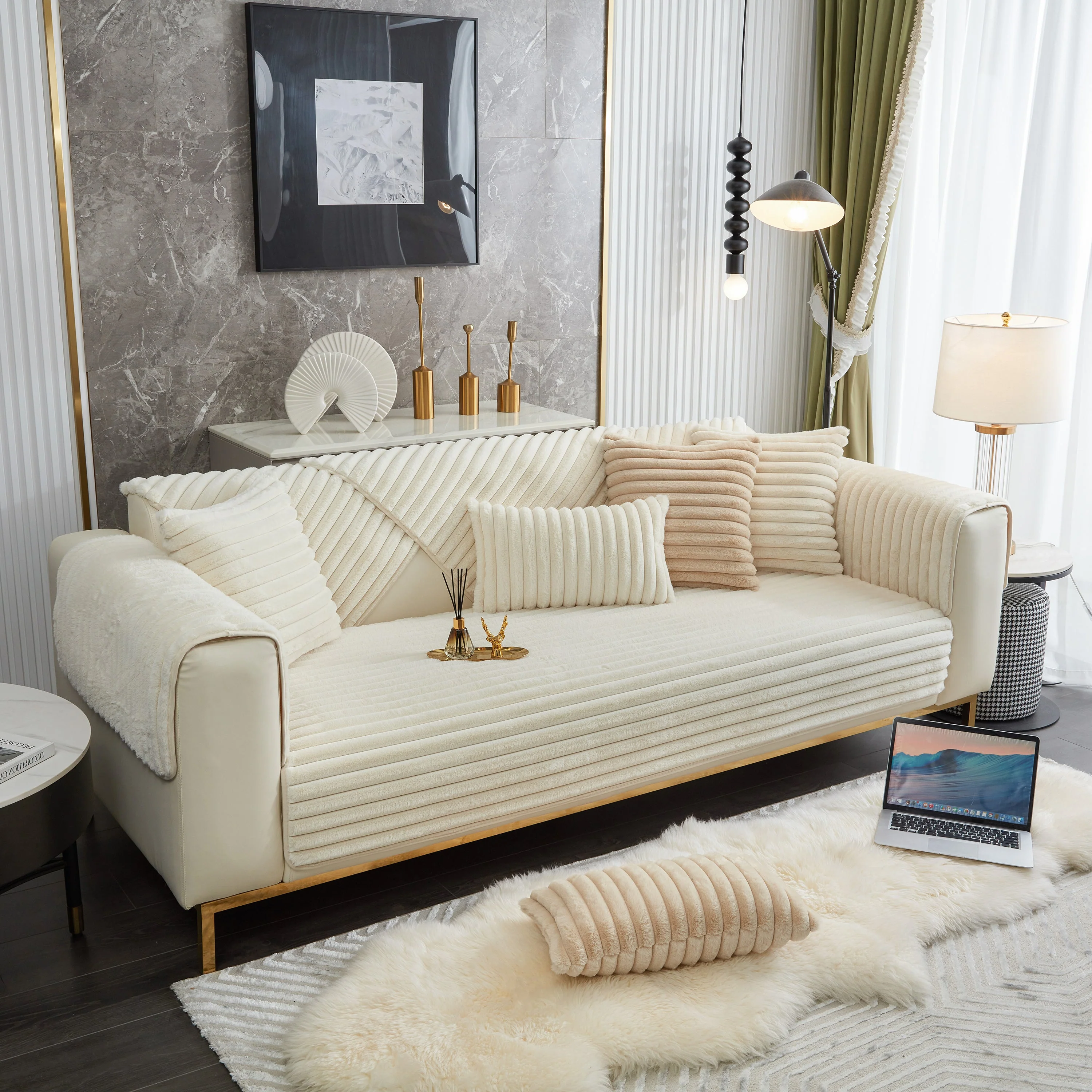 Winter Thickened Rabbit Plush Non-slip Sofa Cushion, Faux Fur Fluffy Furniture Protector - Image 4
