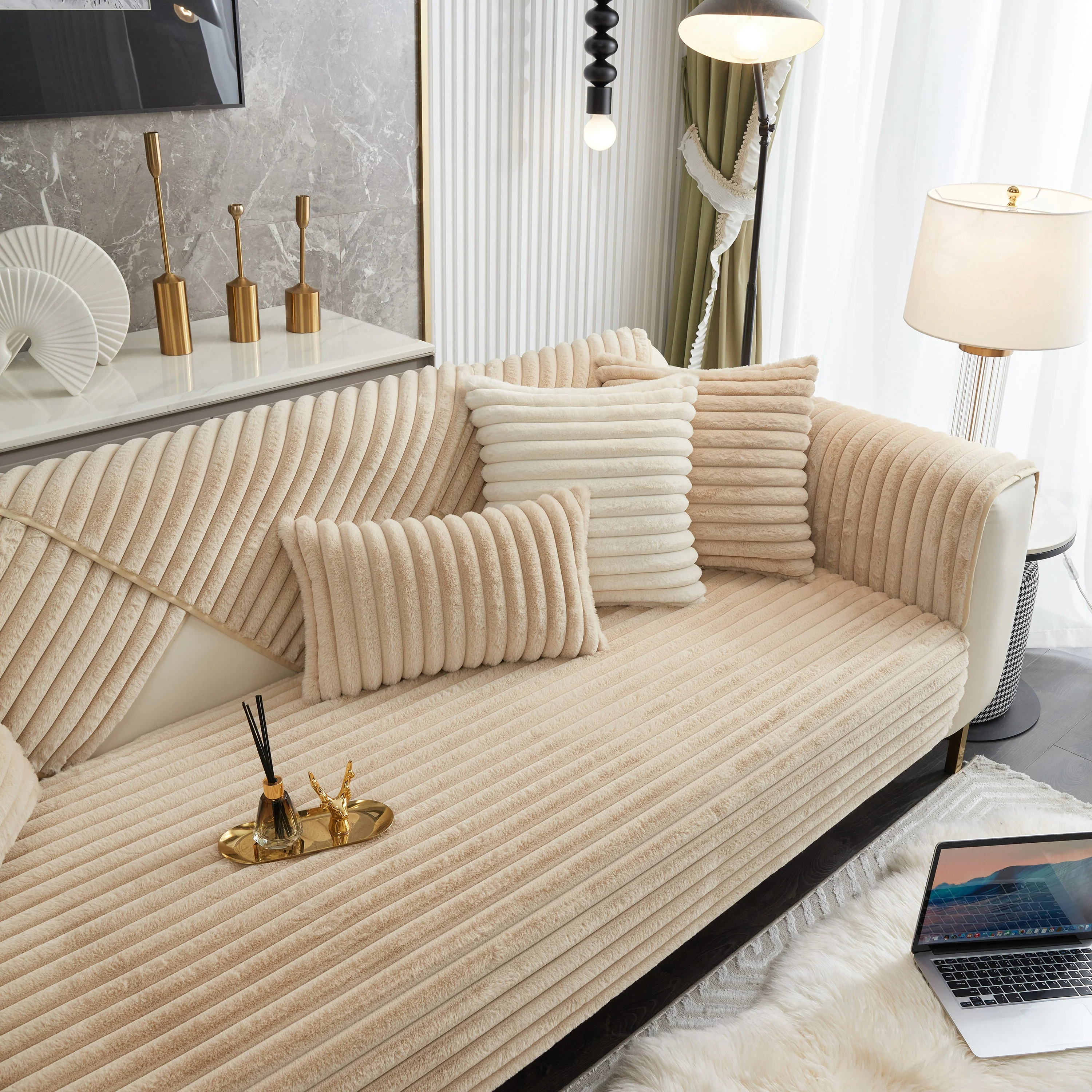 Winter Thickened Rabbit Plush Non-slip Sofa Cushion, Faux Fur Fluffy Furniture Protector - Image 43