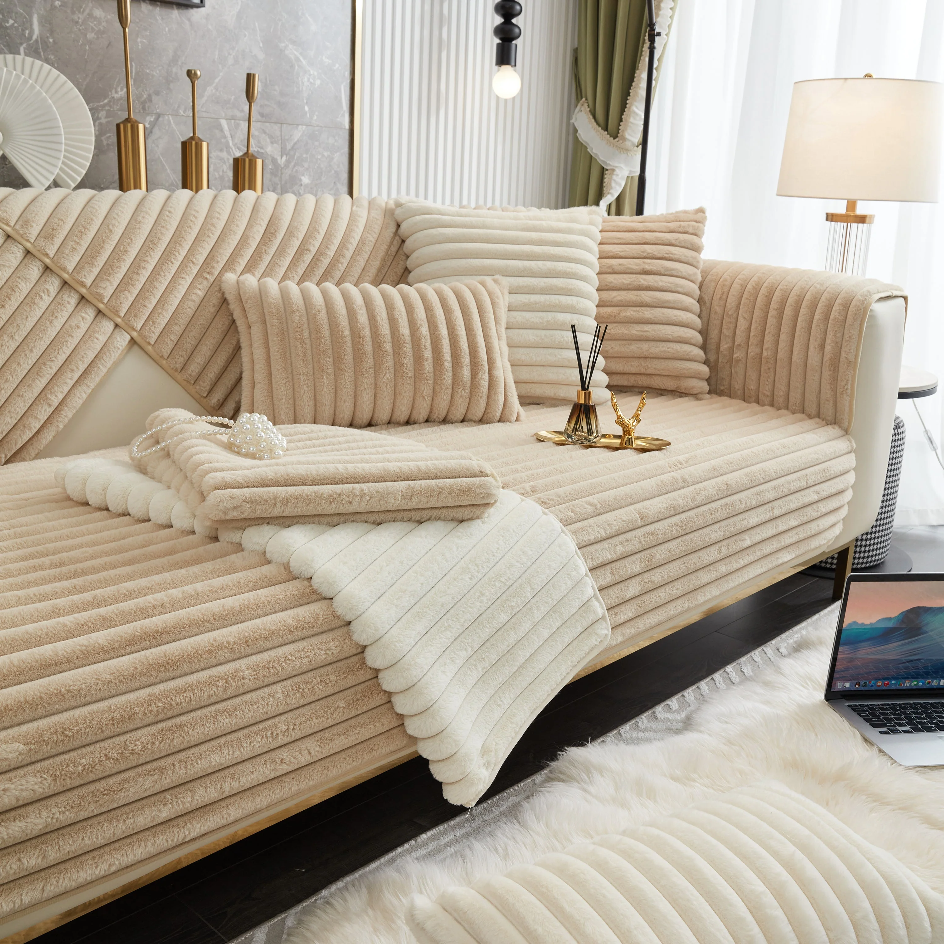 Winter Thickened Rabbit Plush Non-slip Sofa Cushion, Faux Fur Fluffy Furniture Protector - Image 45